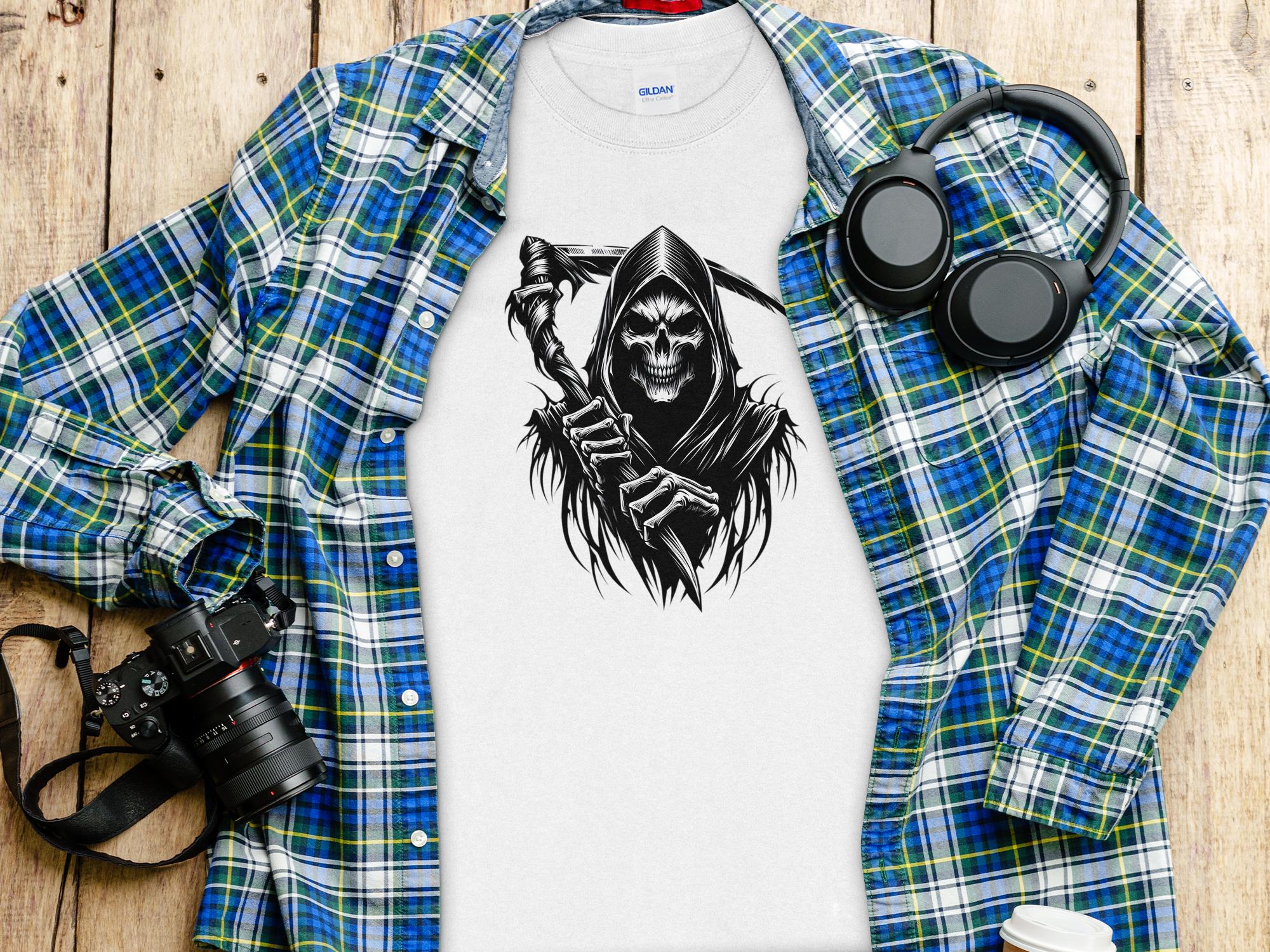 Grim Reaper - Black White Gildan Long Sleeve Commemorative Talisman Unisex Tee Graphic Design