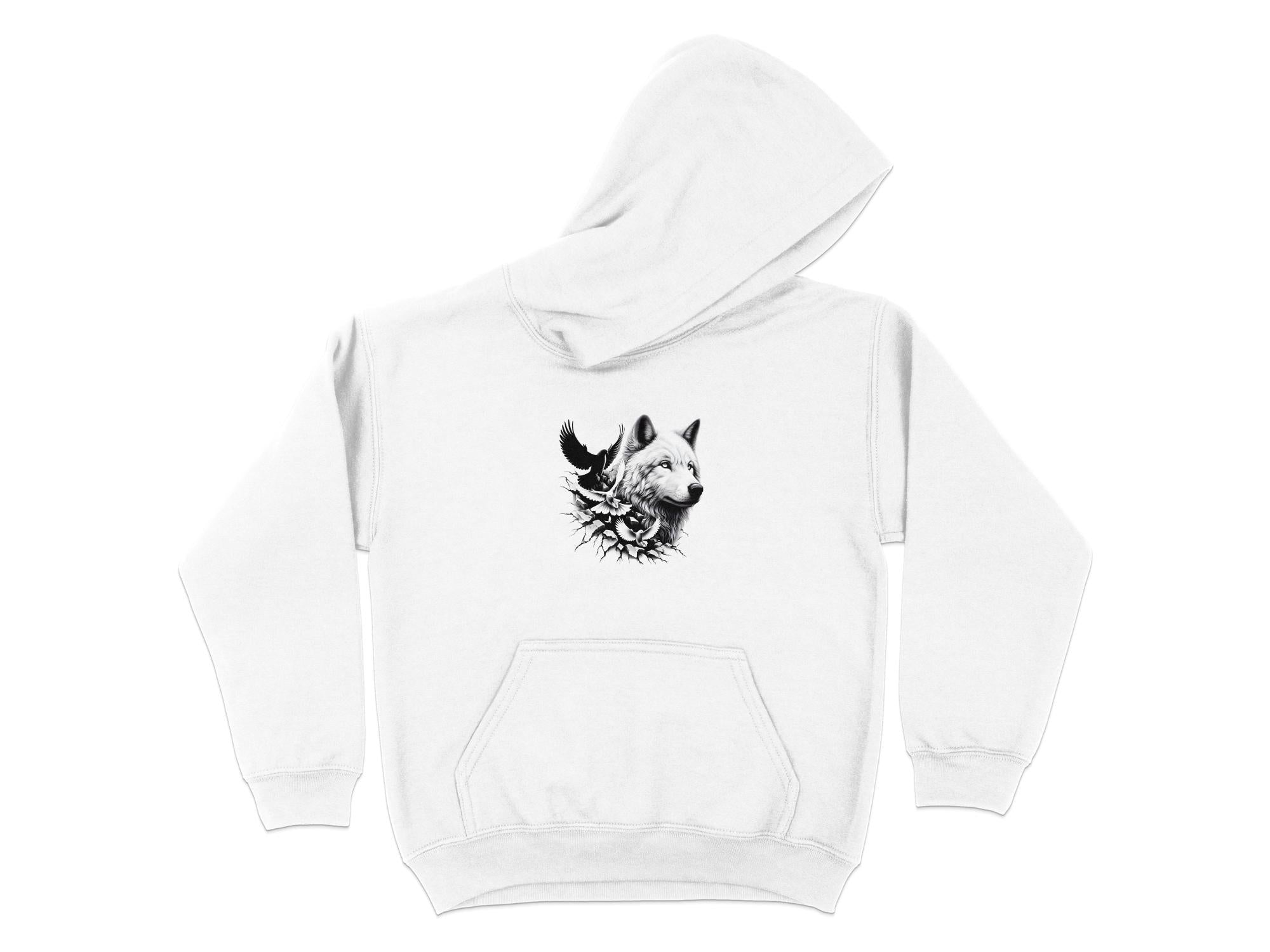 Wolf x Doves - Black White Gildan Hoodie Realistic Animal Talisman Unisex Tee Graphic Design