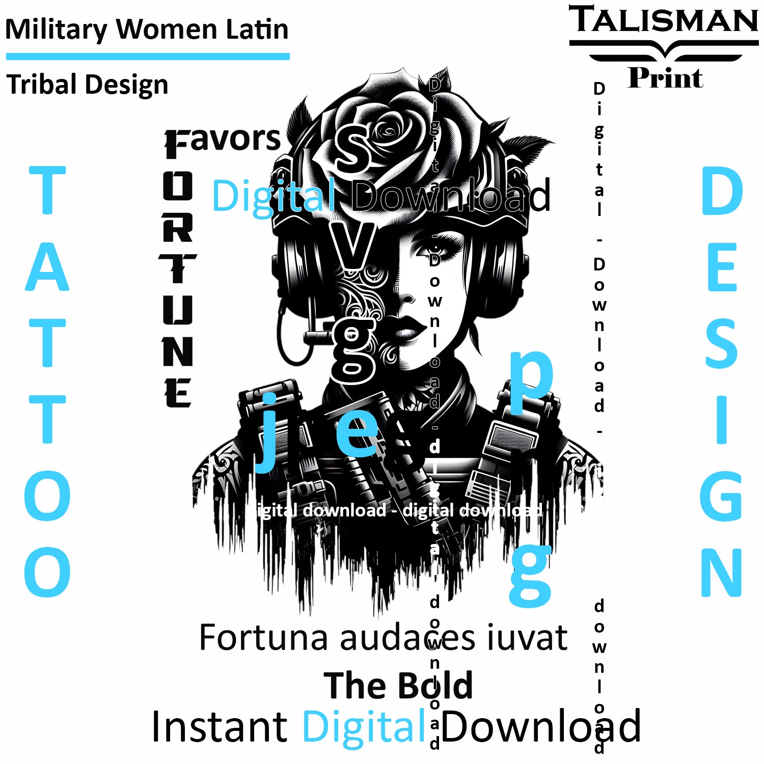 Military Woman Latin Digital Art Collection | PNG, JPEG & SVG | Instant Tattoo Download