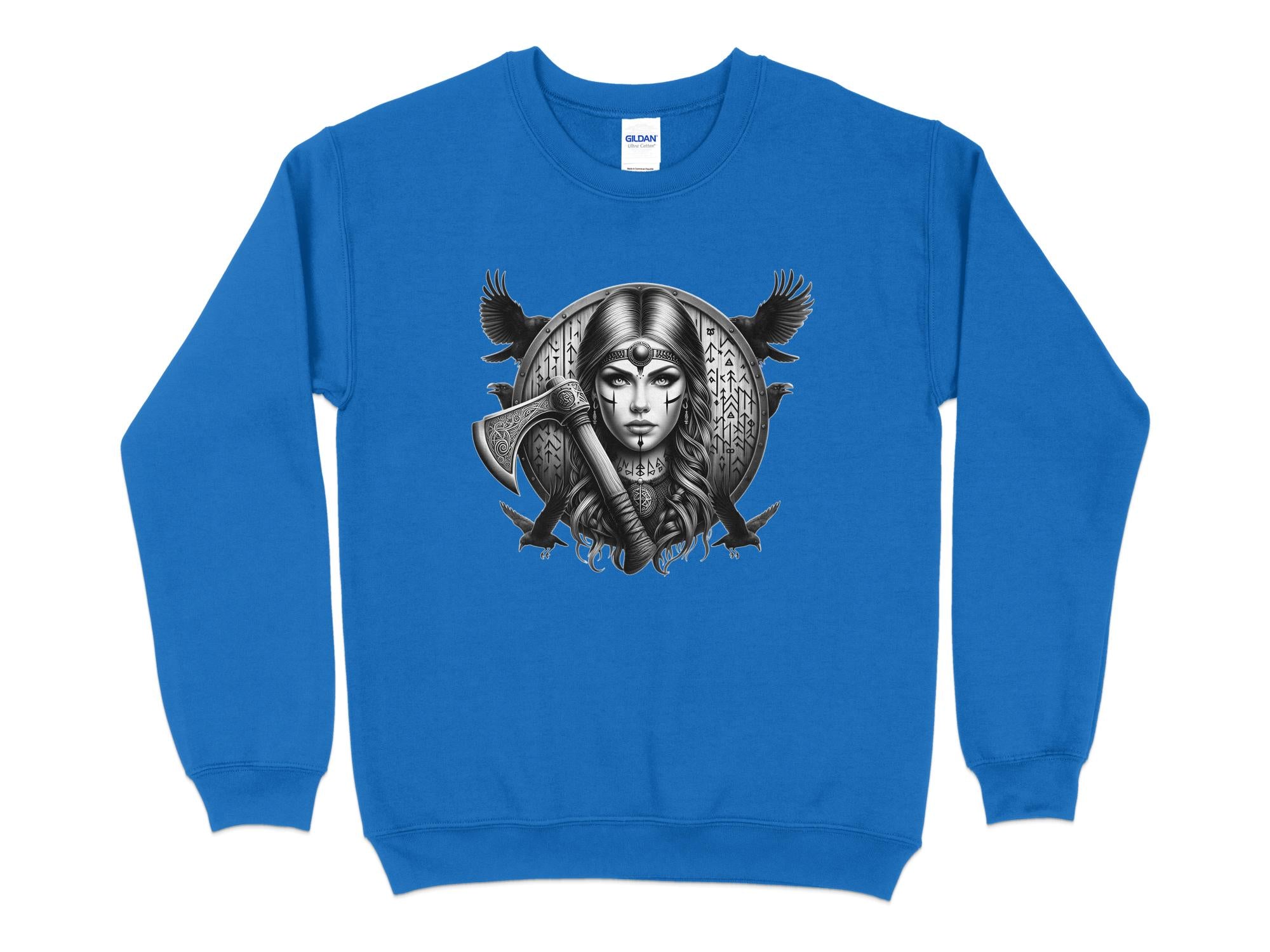 Viking Shield Maiden - Coloured Gildan Sweatshirt Realistic Norse Talisman Men Women Unisex Valhalla Tee Graphic Design