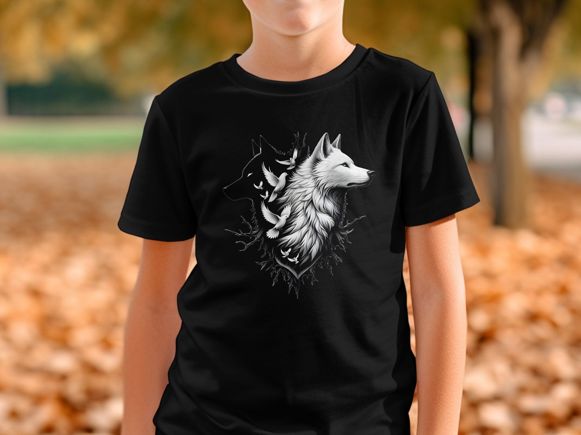 Wolf x Doves - Black White Gildan Kids T-Shirt Realistic Animal Talisman Unisex Tee Graphic Design