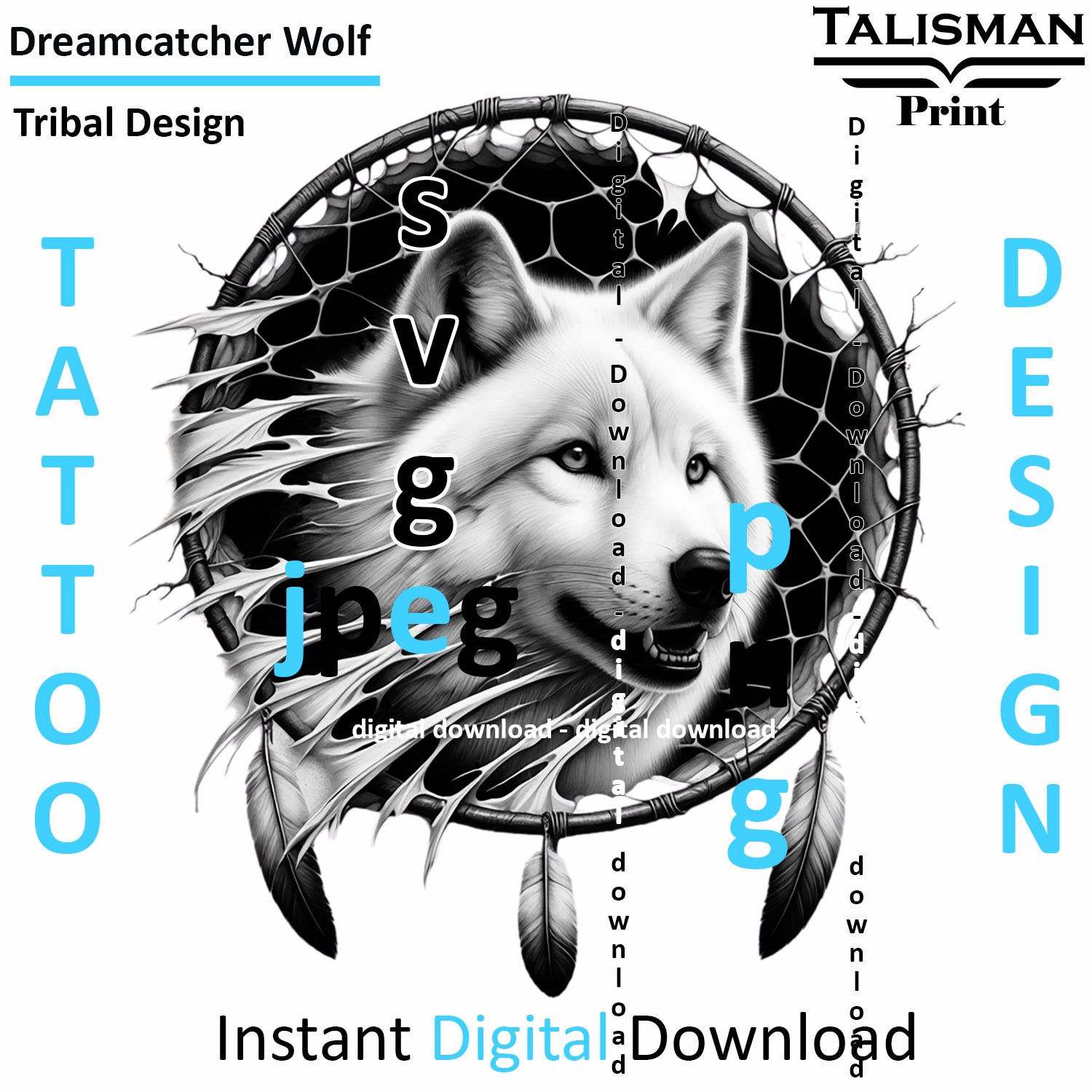 Dreamcatcher Wolf - Digital Art | PNG, JPEG & SVG | Instant Download for Apparel, Décor and Wall Art