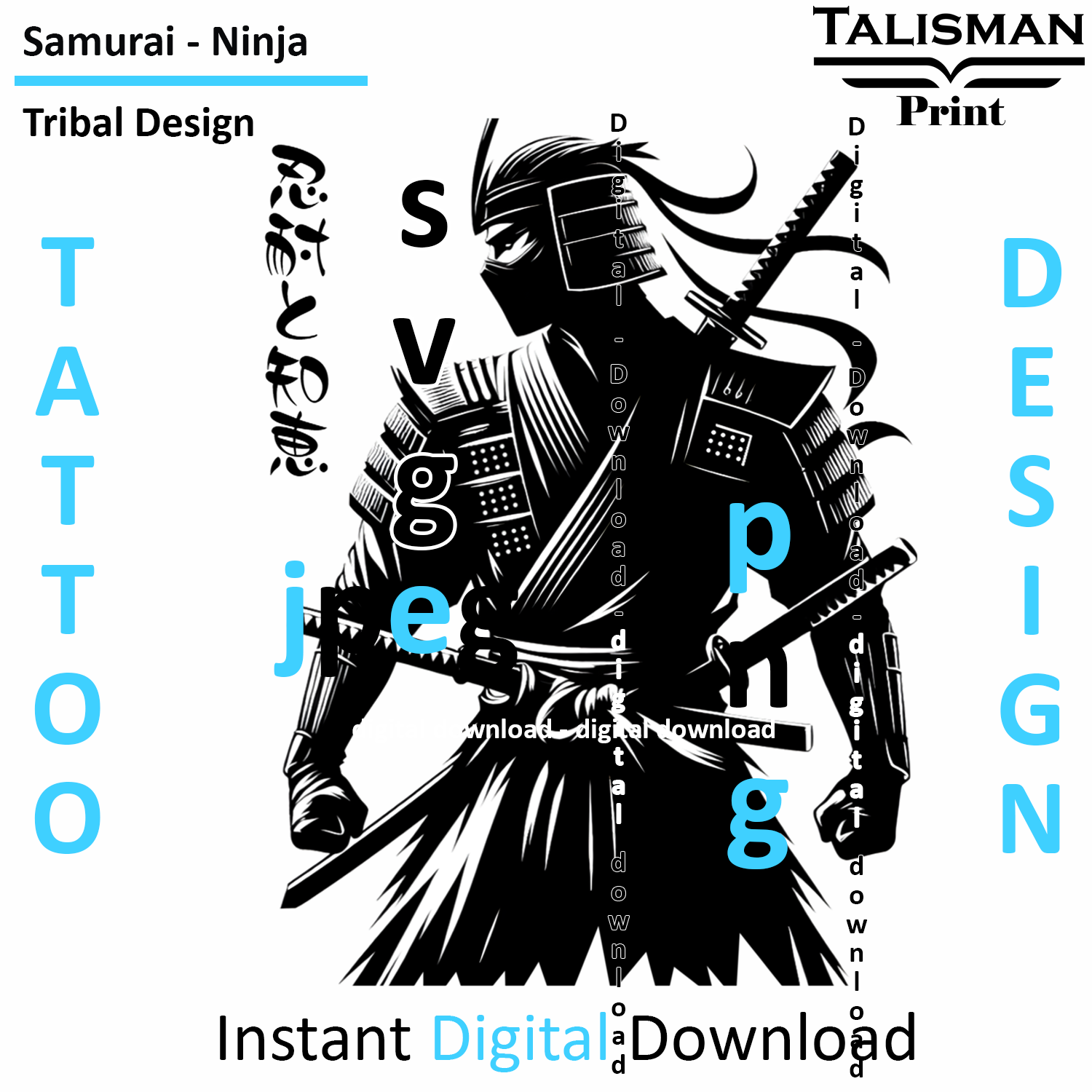 Samurai Ninja - Digital Art | PNG, JPEG & SVG | Instant Download for Apparel, Décor and Wall Art