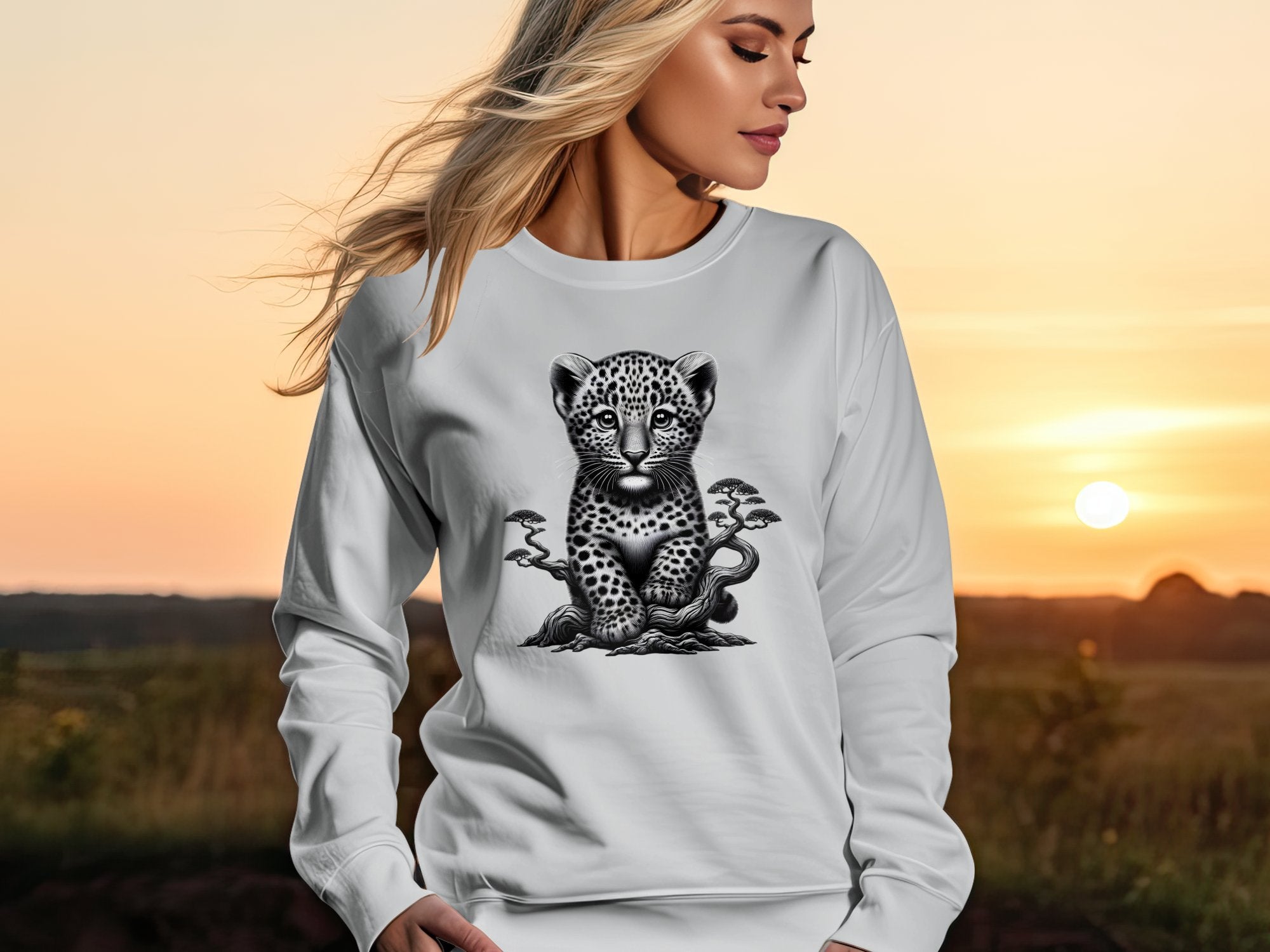 Leopard Bonsai - Coloured Gildan Sweatshirt Realistic Animal Talisman Unisex Cute Tee Graphic Design