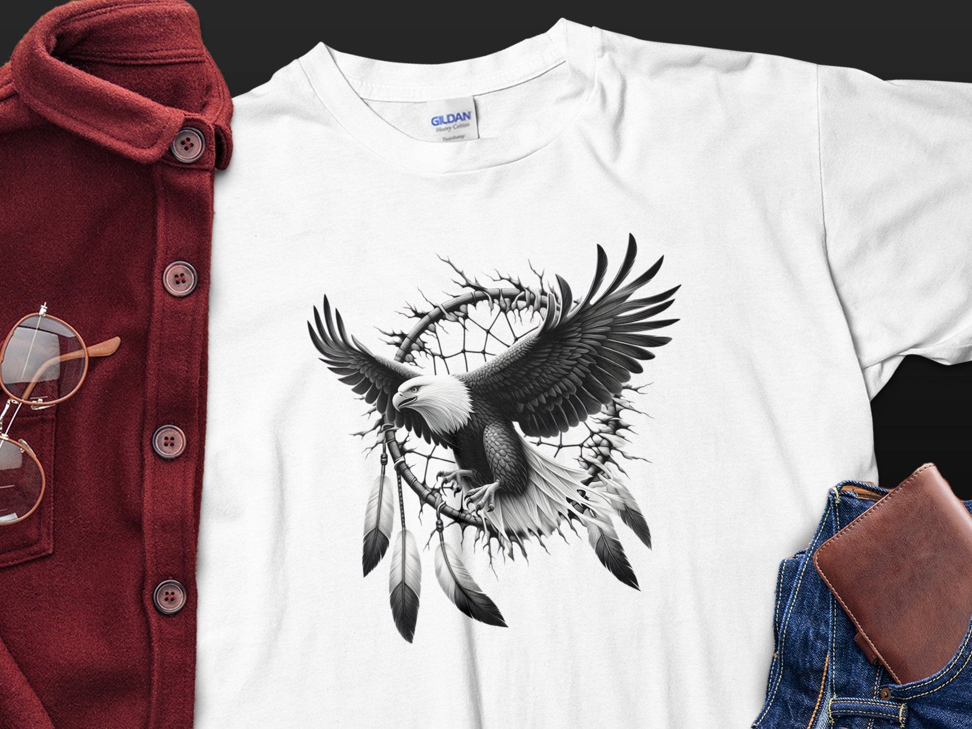 Dreamcatcher Eagle - Coloured Gildan T-Shirt Realistic Native American Talisman Unisex Mythology Tee Graphic Design