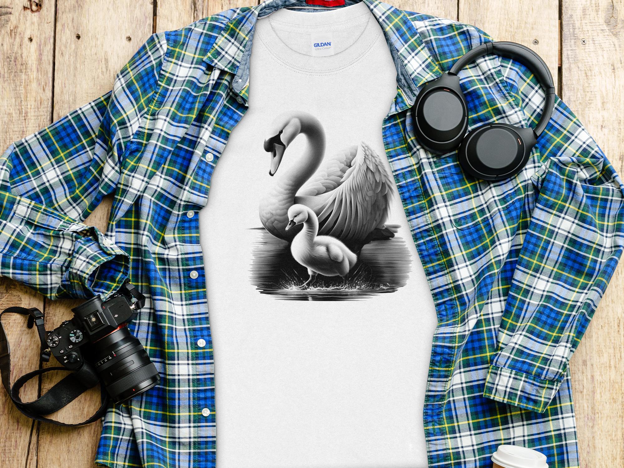 Swan & Cygnet- Black White Gildan Long Sleeve Realistic Family Talisman Unisex Tee Graphic Design