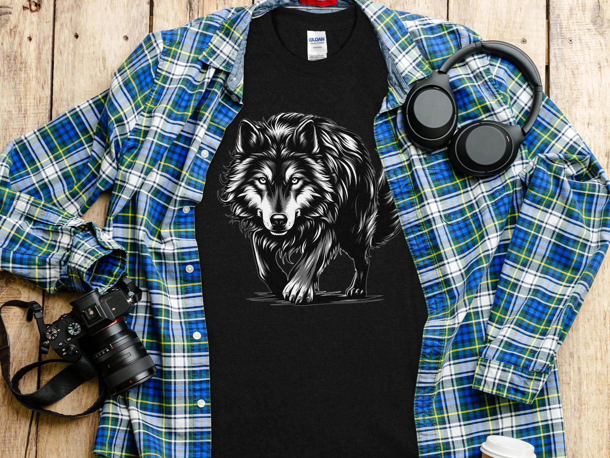 Wolf Tribal - Black White Gildan T-Shirt Realistic Animal Talisman Unisex Tee Graphic Design