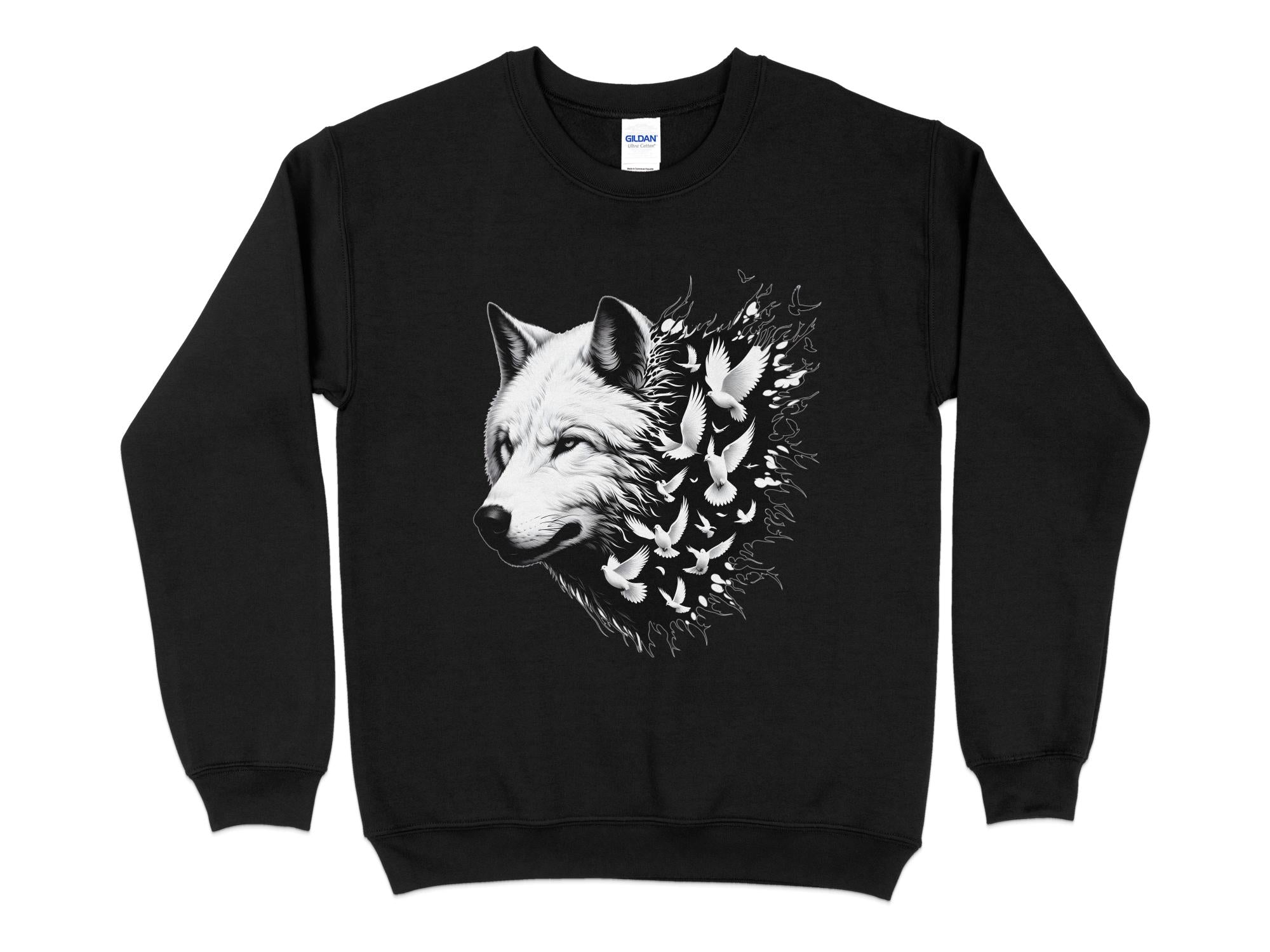 Wolf x Doves - Black White Gildan Sweatshirt Realistic Animal Talisman Unisex Tee Graphic Design