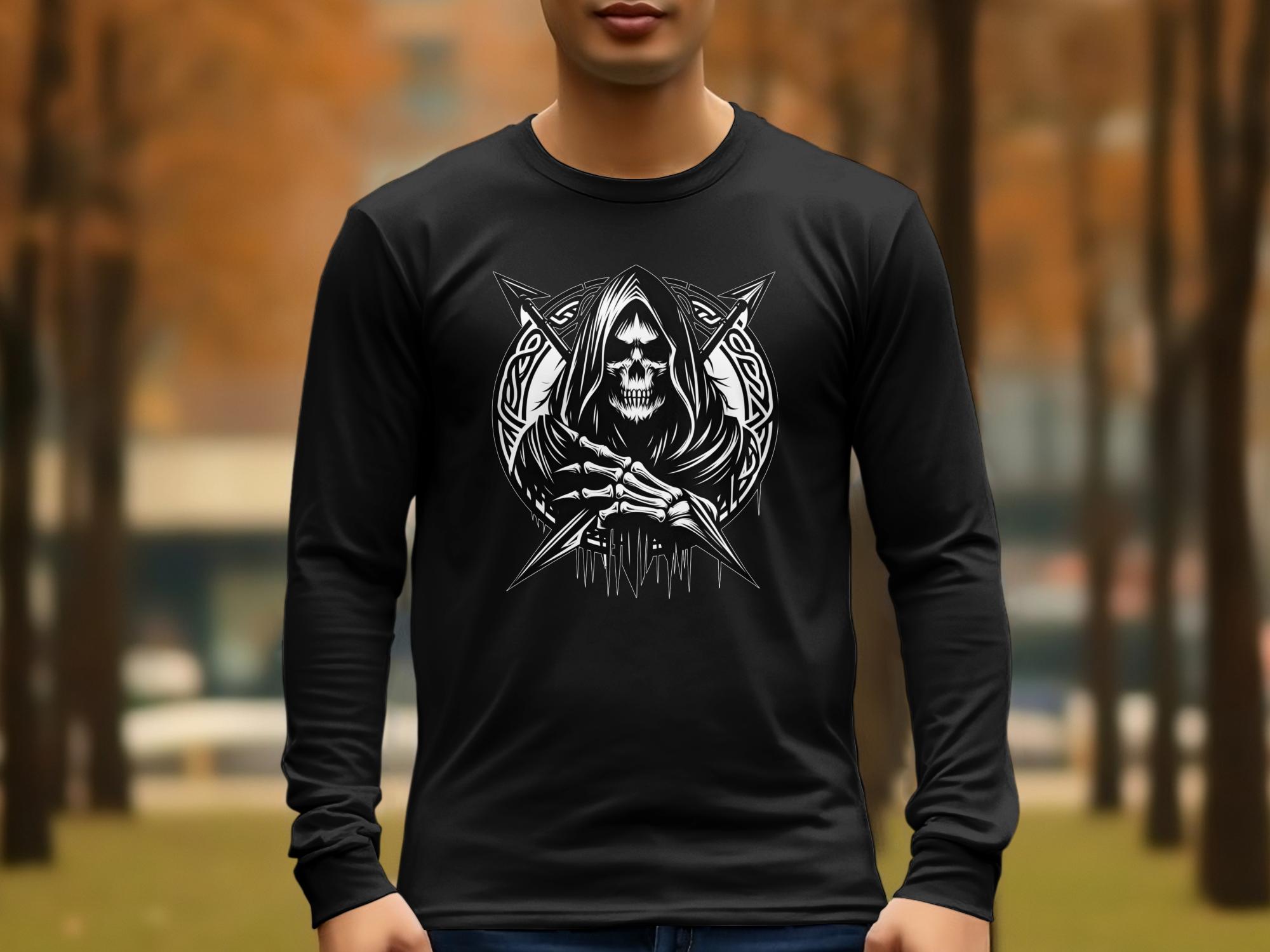 Grim Reaper - Black White Gildan Long Sleeve Commemorative Talisman Unisex Tee Graphic Design