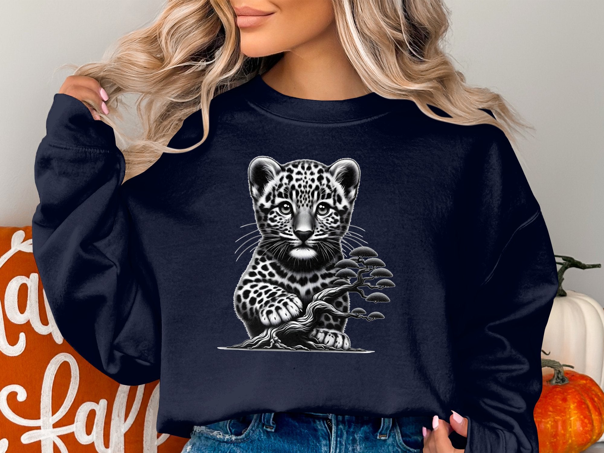 Leopard Bonsai - Coloured Gildan Sweatshirt Realistic Animal Talisman Unisex Cute Tee Graphic Design