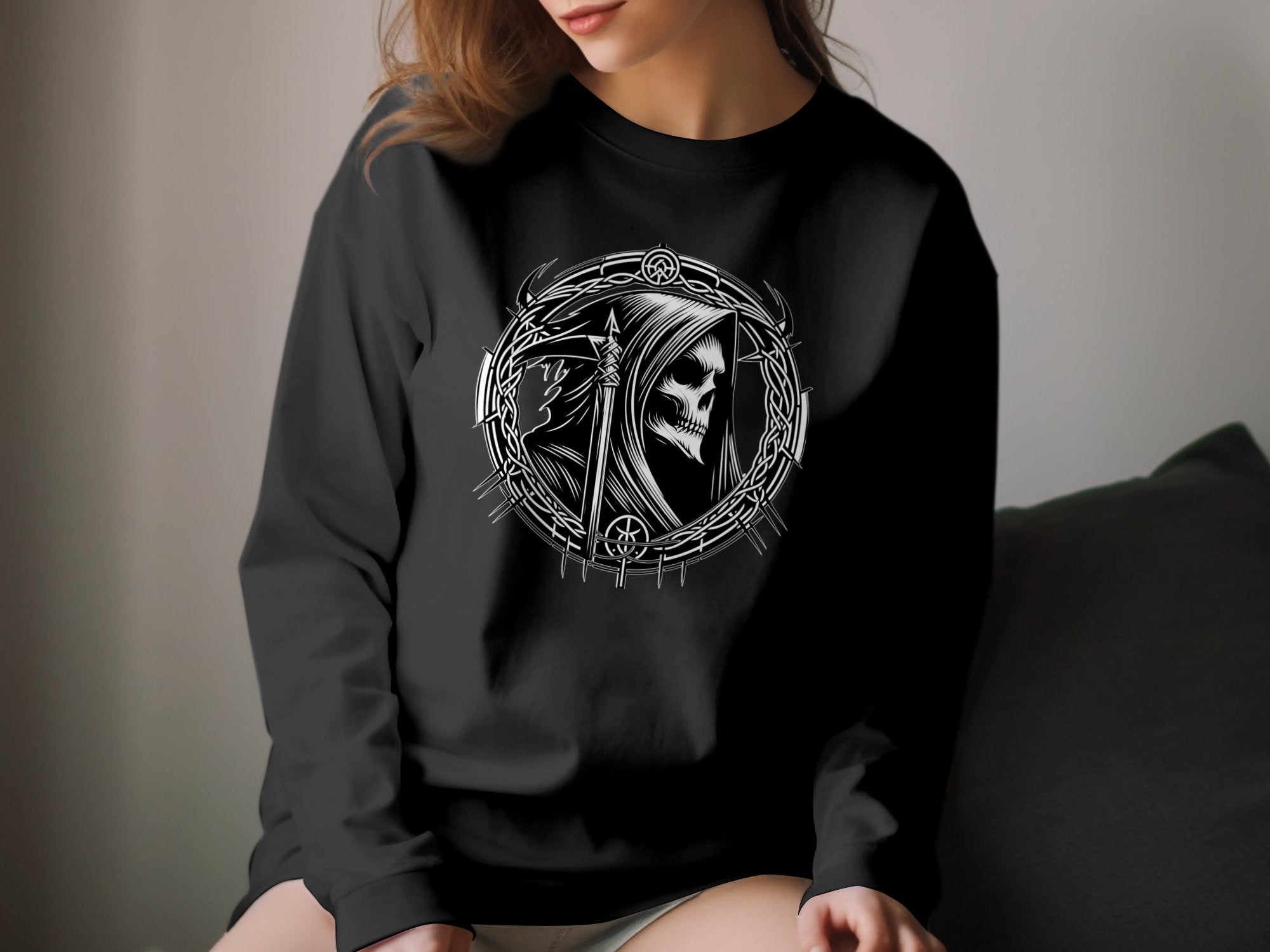 Grim Reaper - Black White Gildan Long Sleeve Commemorative Talisman Unisex Tee Graphic Design