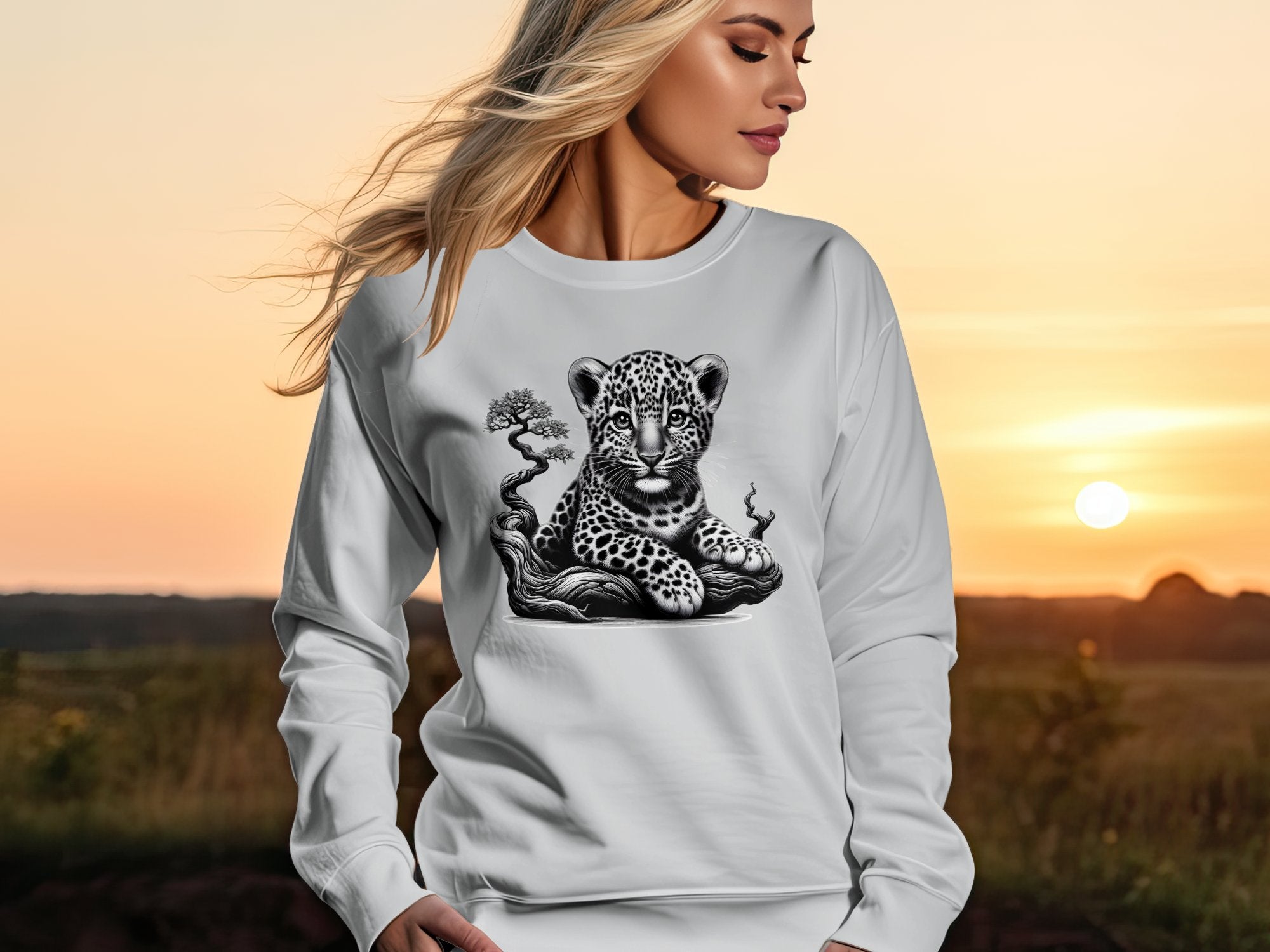 Leopard Bonsai - Coloured Gildan Sweatshirt Realistic Animal Talisman Unisex Cute Tee Graphic Design