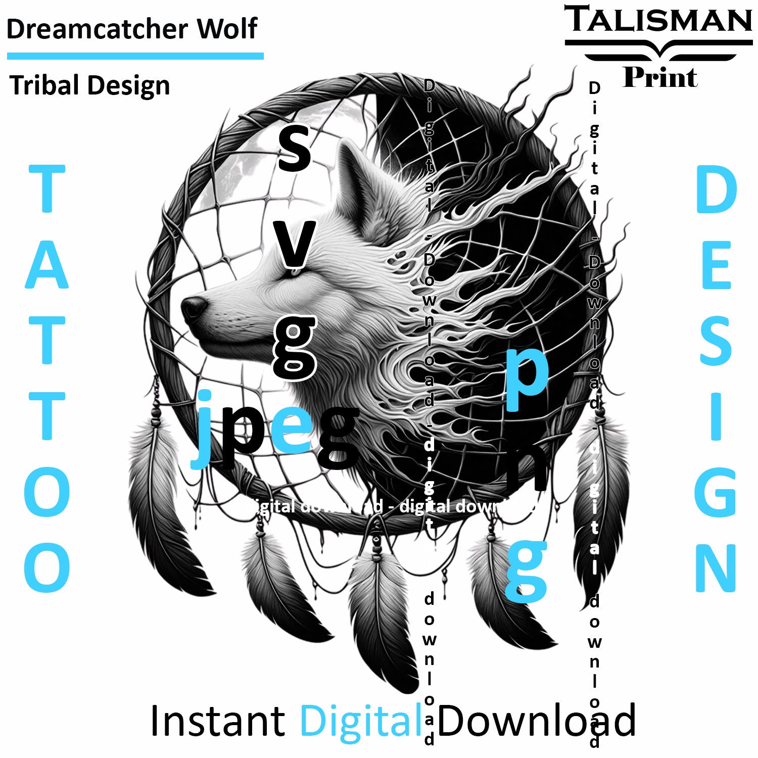 Dreamcatcher Wolf - Digital Art | PNG, JPEG & SVG | Instant Download for Apparel, Décor and Wall Art