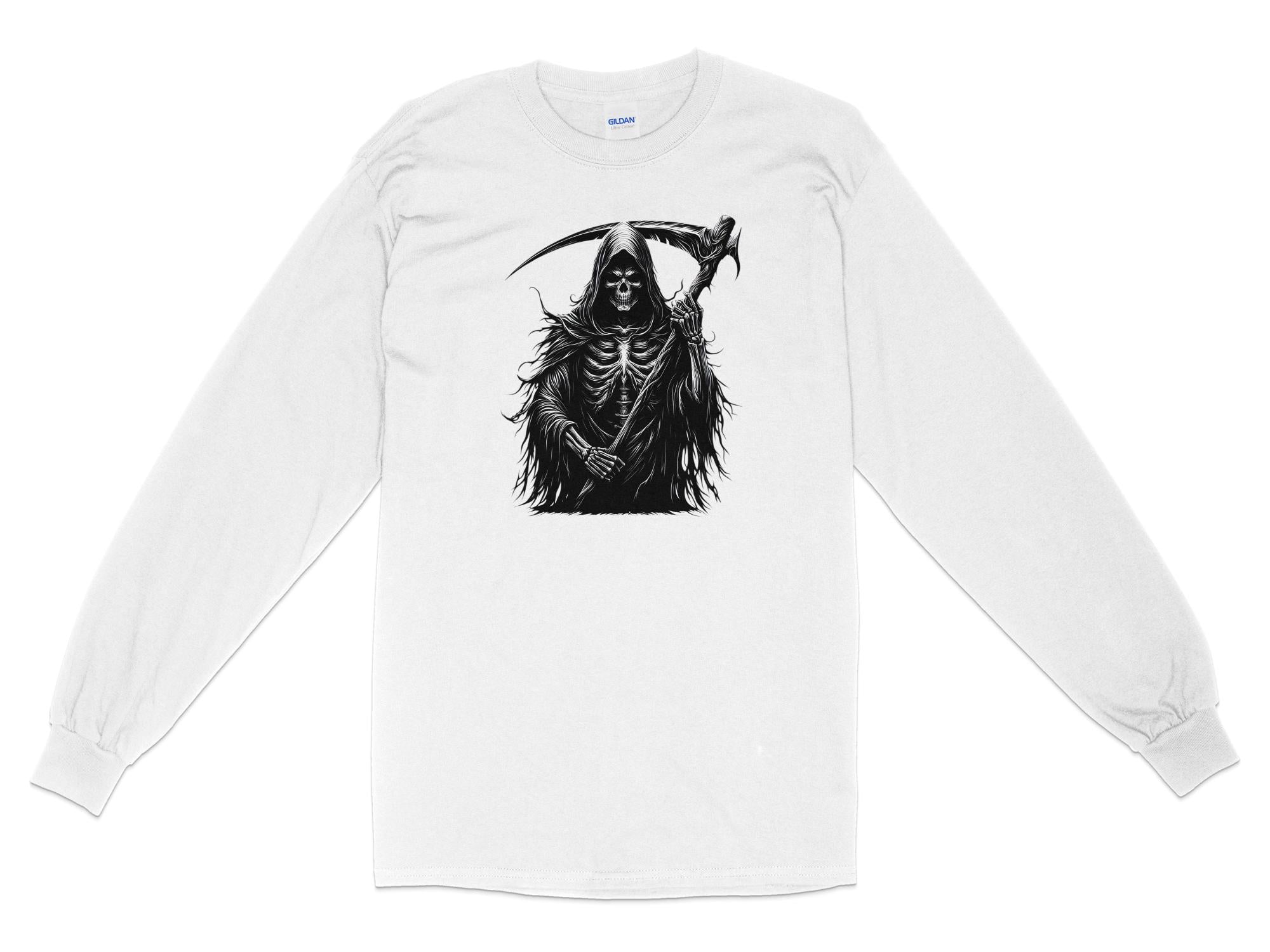 Grim Reaper - Black White Gildan Long Sleeve Commemorative Talisman Unisex Tee Graphic Design