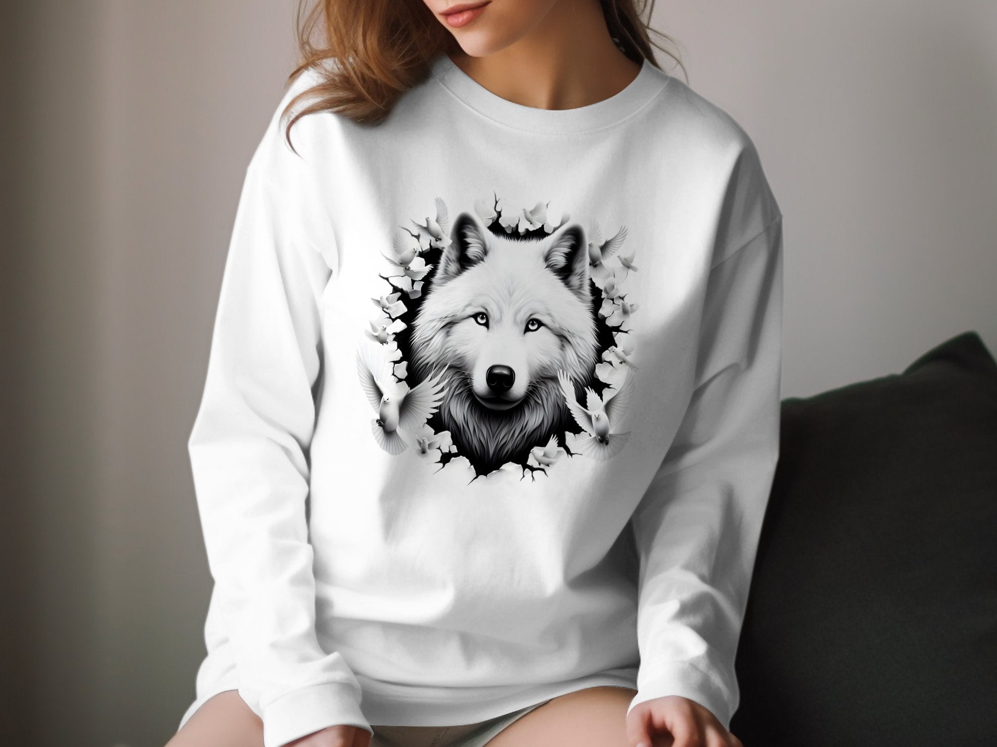 Wolf x Doves - Black White Gildan Long Sleeve Realistic Animal Talisman Unisex Tee Graphic Design