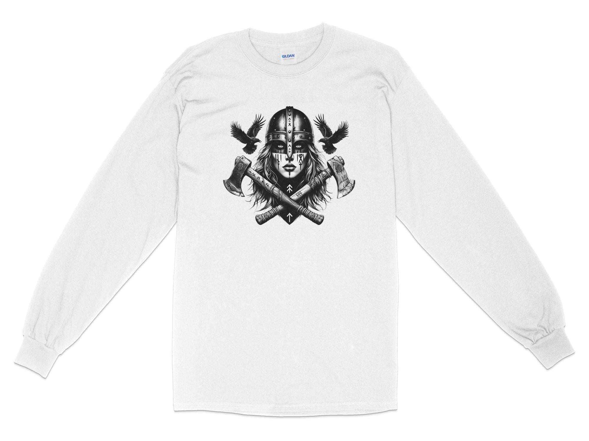 Viking Shield Maiden - Coloured Gildan Long Sleeve Realistic Norse Talisman Men Women Unisex Valhalla Tee Graphic Design