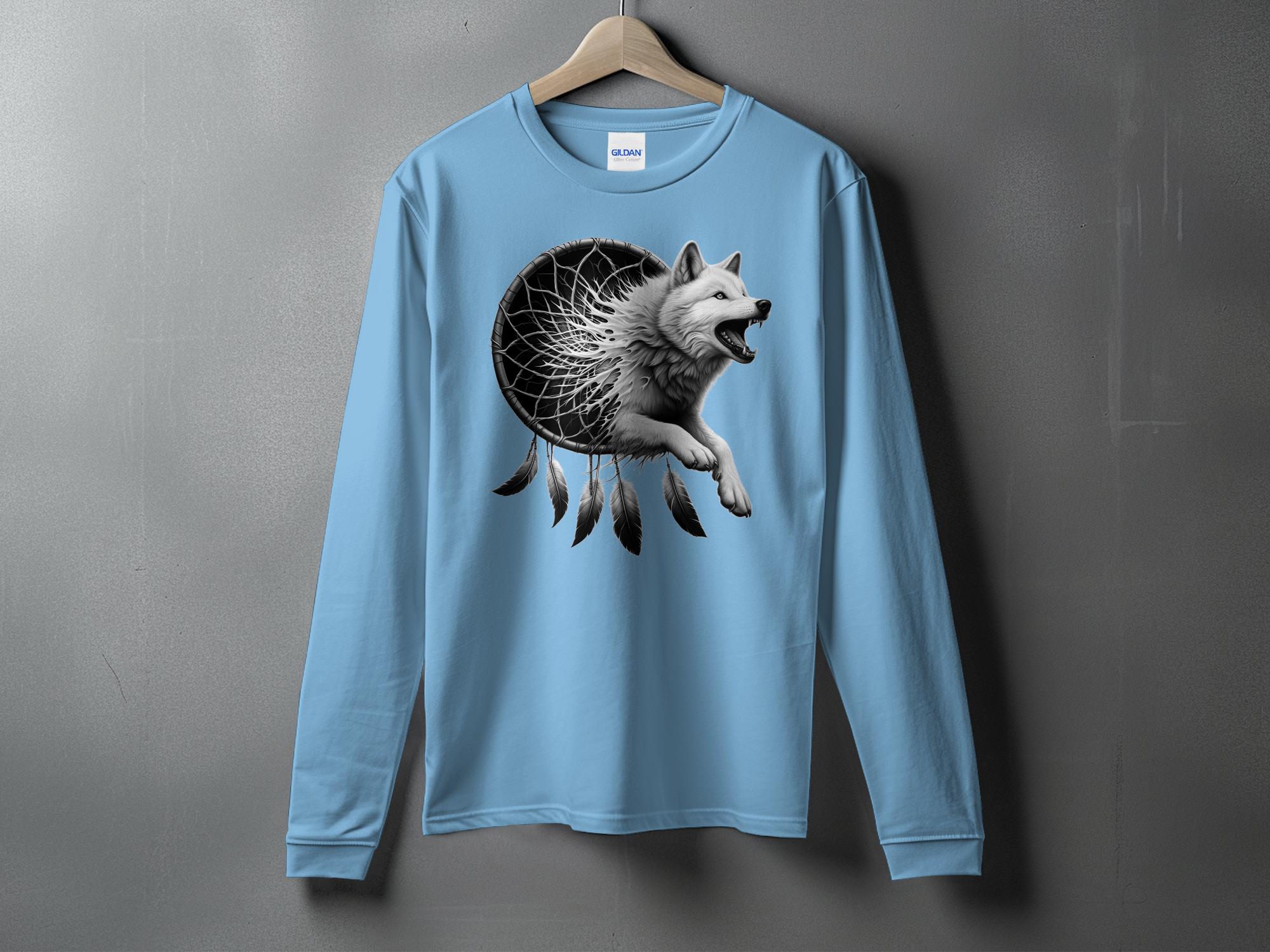 Dreamcatcher Wolf - Coloured Gildan Long Sleeve Realistic Native American Talisman Unisex Mythology Tee Graphic Design