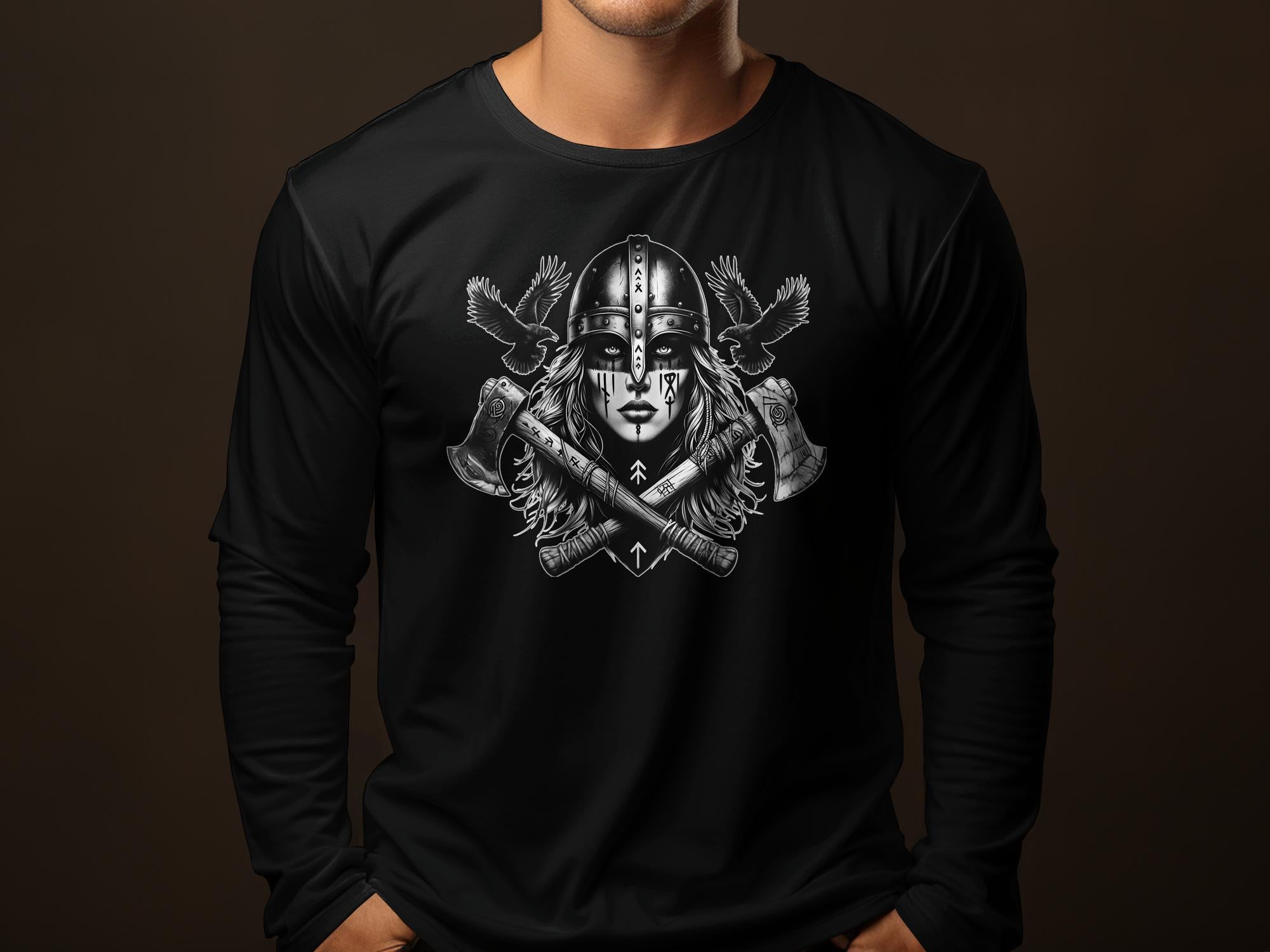 Viking Shield Maiden - Coloured Gildan Long Sleeve Realistic Norse Talisman Men Women Unisex Valhalla Tee Graphic Design