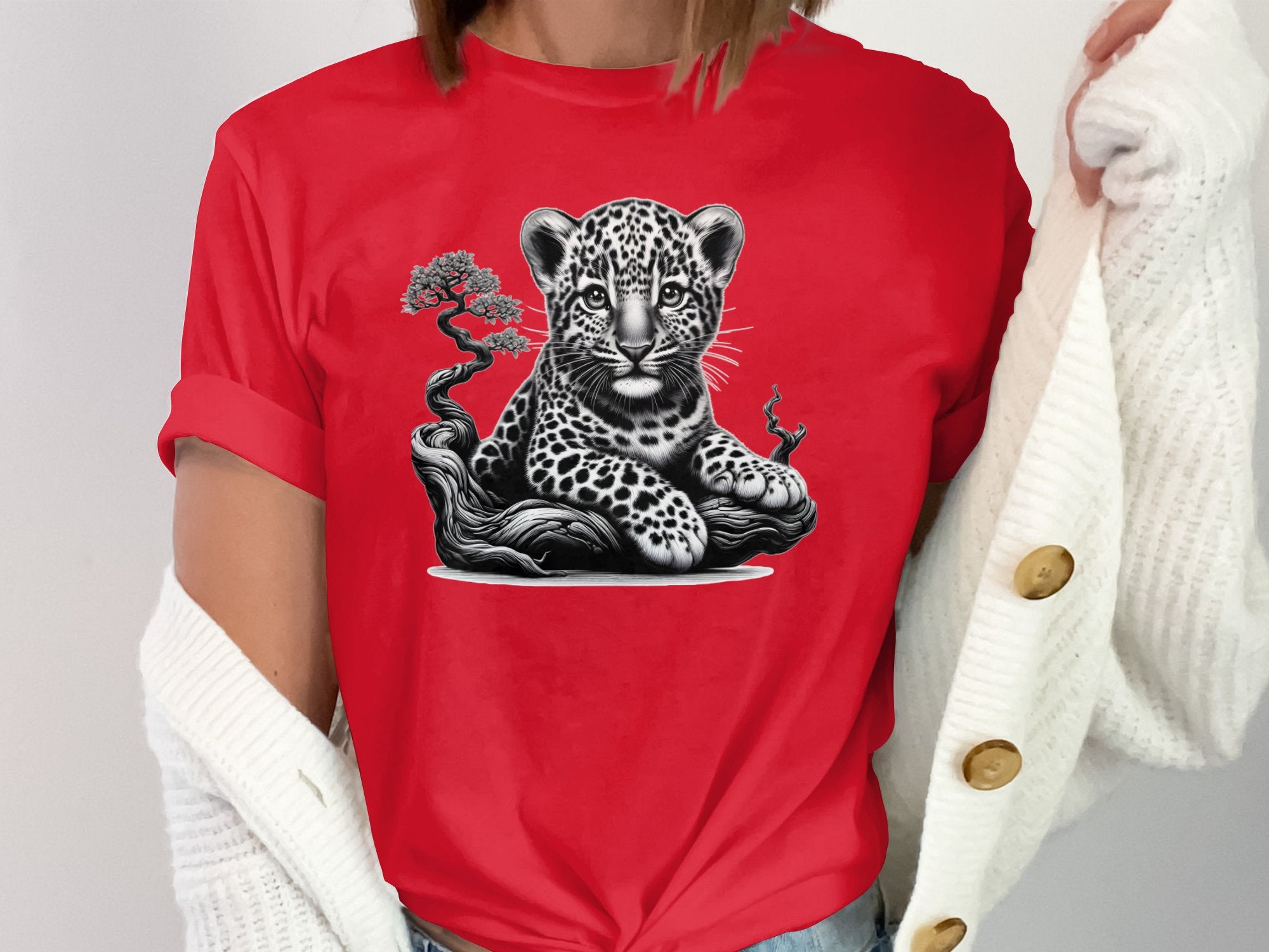 Leopard Bonsai - Coloured Gildan T-Shirt Realistic Animal Talisman Unisex Cute Tee Graphic Design