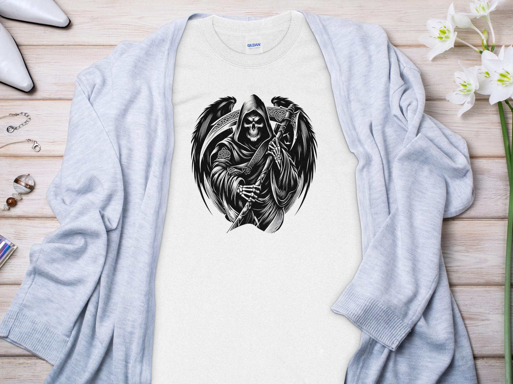 Grim Reaper - Black White Gildan Long Sleeve Commemorative Talisman Unisex Tee Graphic Design