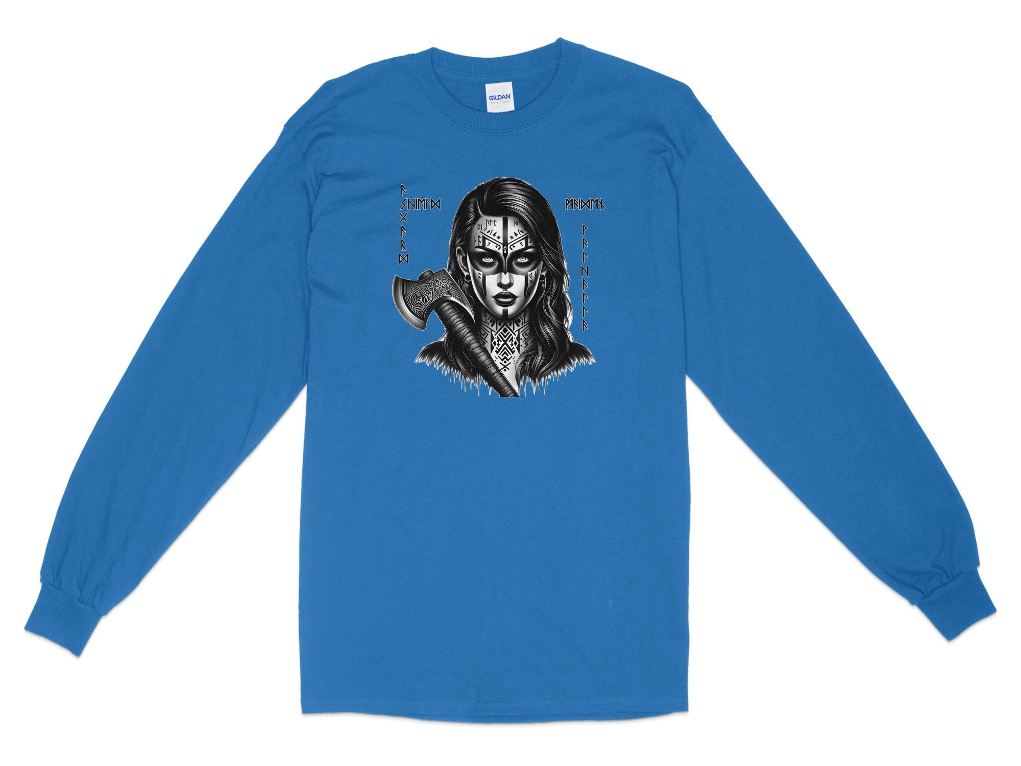 Viking Shield Maiden - Coloured Gildan Long Sleeve Realistic Norse Talisman Men Women Unisex Valhalla Tee Graphic Design