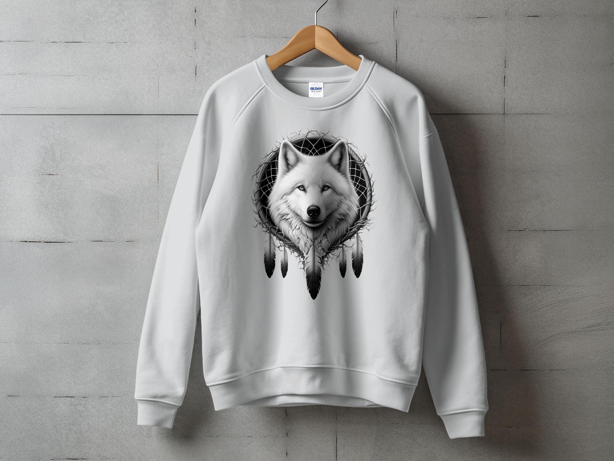 Dreamcatcher Wolf - Coloured Gildan Sweatshirt Realistic Native American Talisman Unisex Mythology Tee Graphic Design