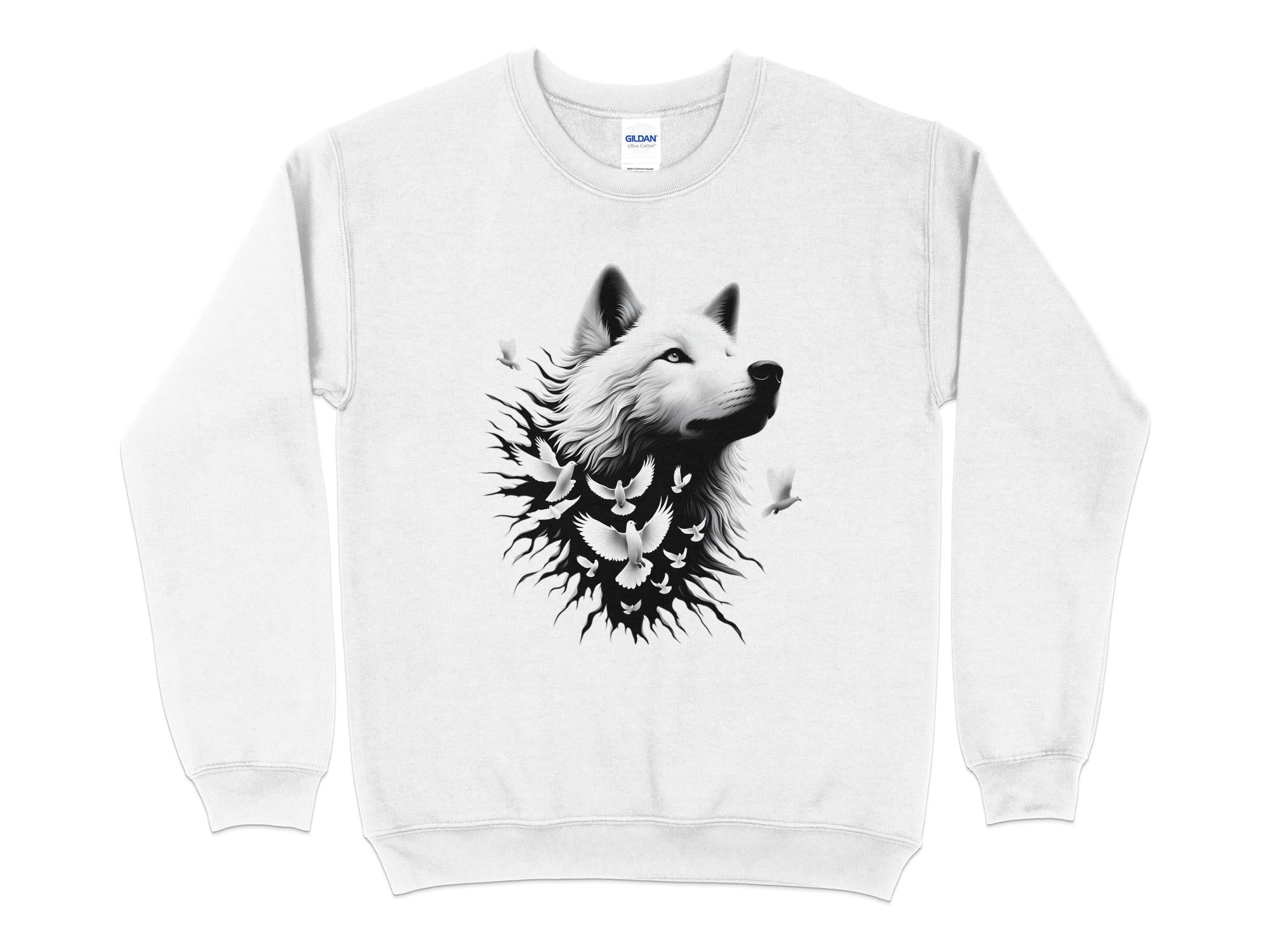 Wolf x Doves - Black White Gildan Sweatshirt Realistic Animal Talisman Unisex Tee Graphic Design