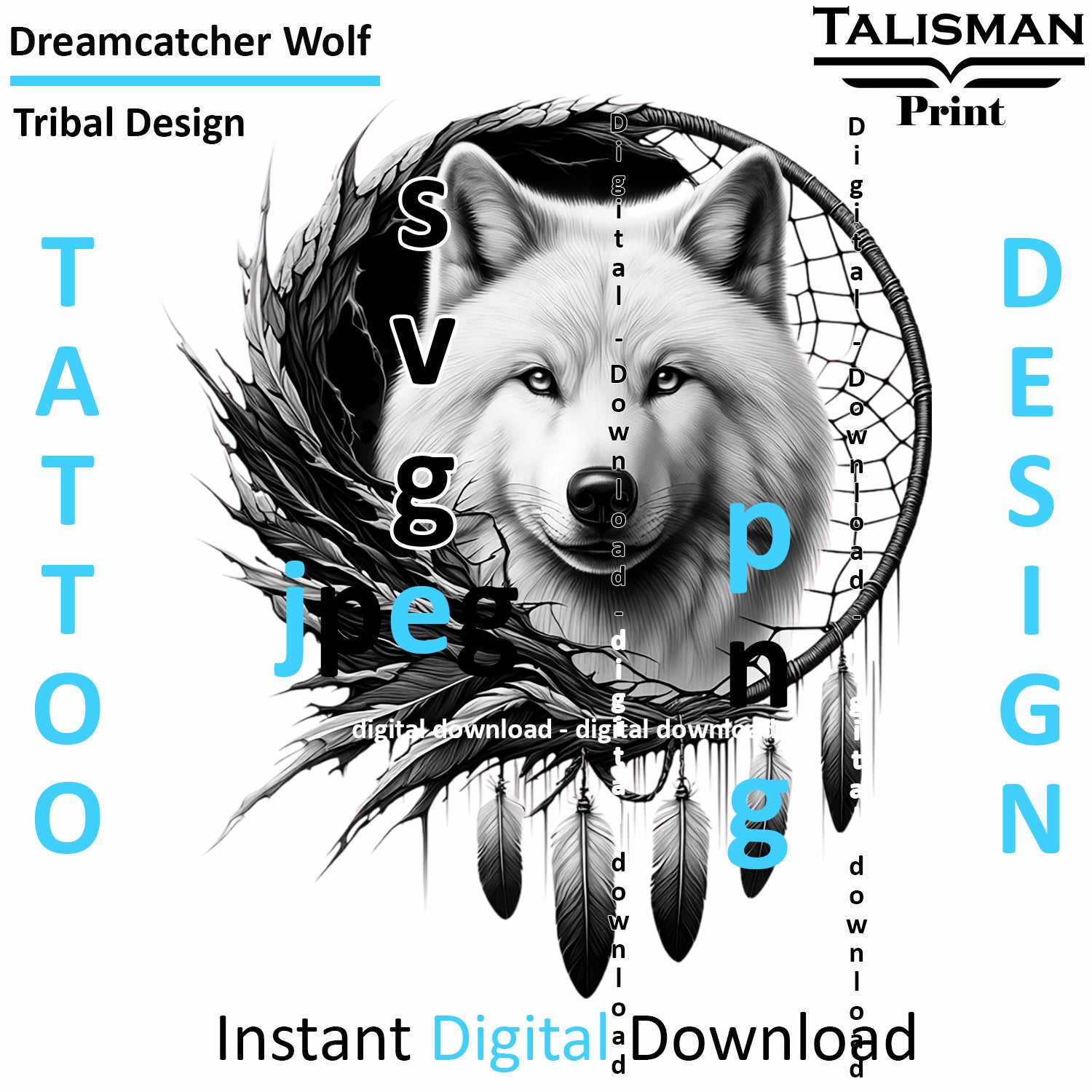 Dreamcatcher Wolf - Digital Art | PNG, JPEG & SVG | Instant Download for Apparel, Décor and Wall Art