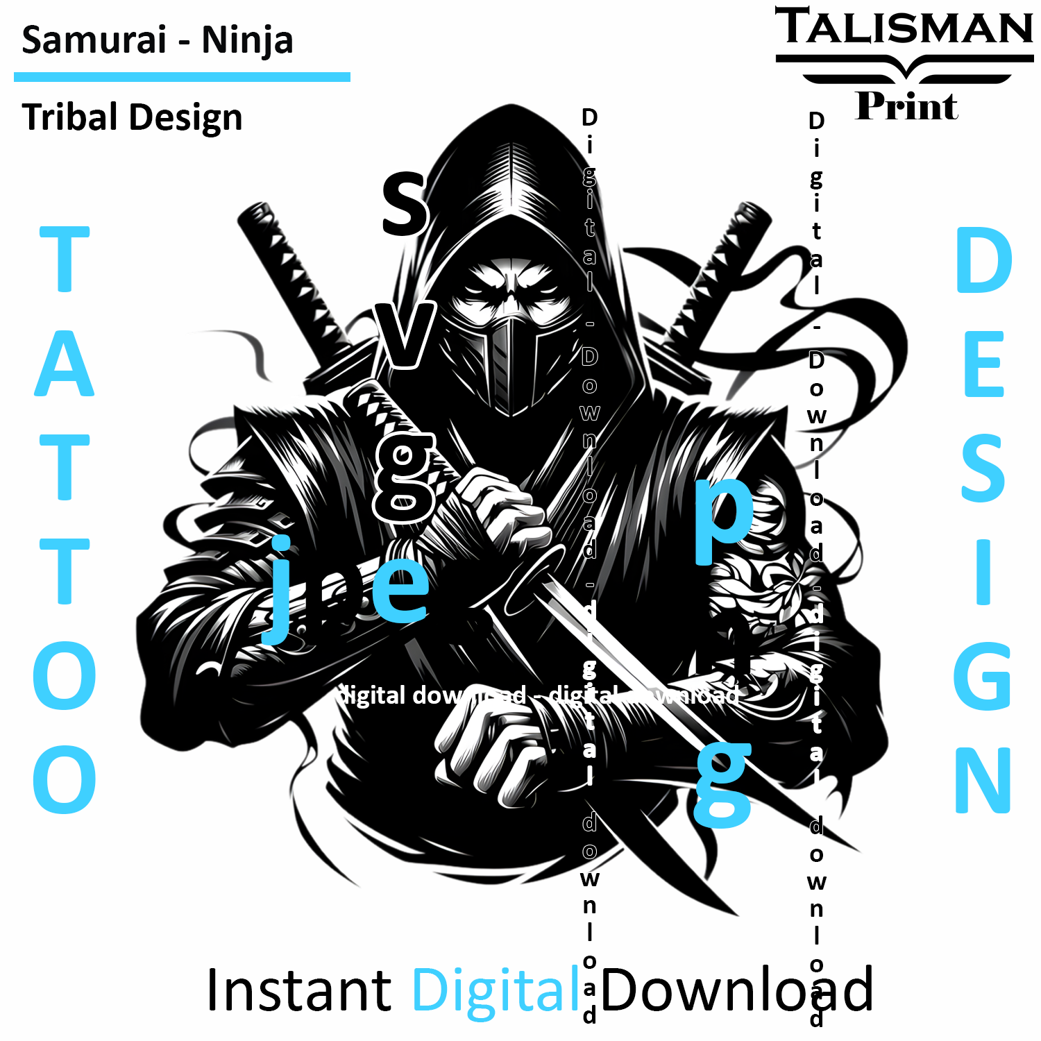 Samurai Ninja - Digital Art | PNG, JPEG & SVG | Instant Download for Apparel, Décor and Wall Art