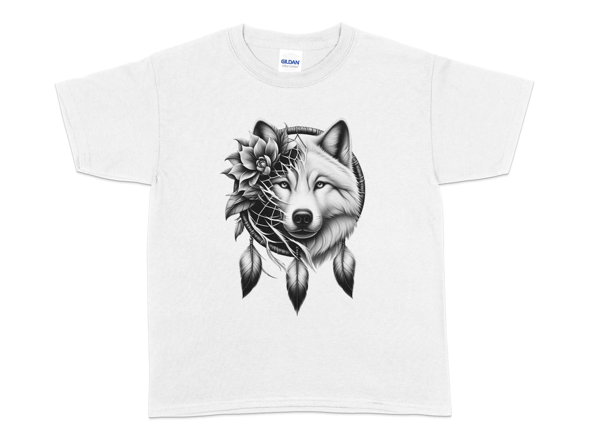 Dreamcatcher Wolf - Coloured Gildan Kids T-Shirt Realistic Native American Talisman Unisex Mythology Tee Graphic Design