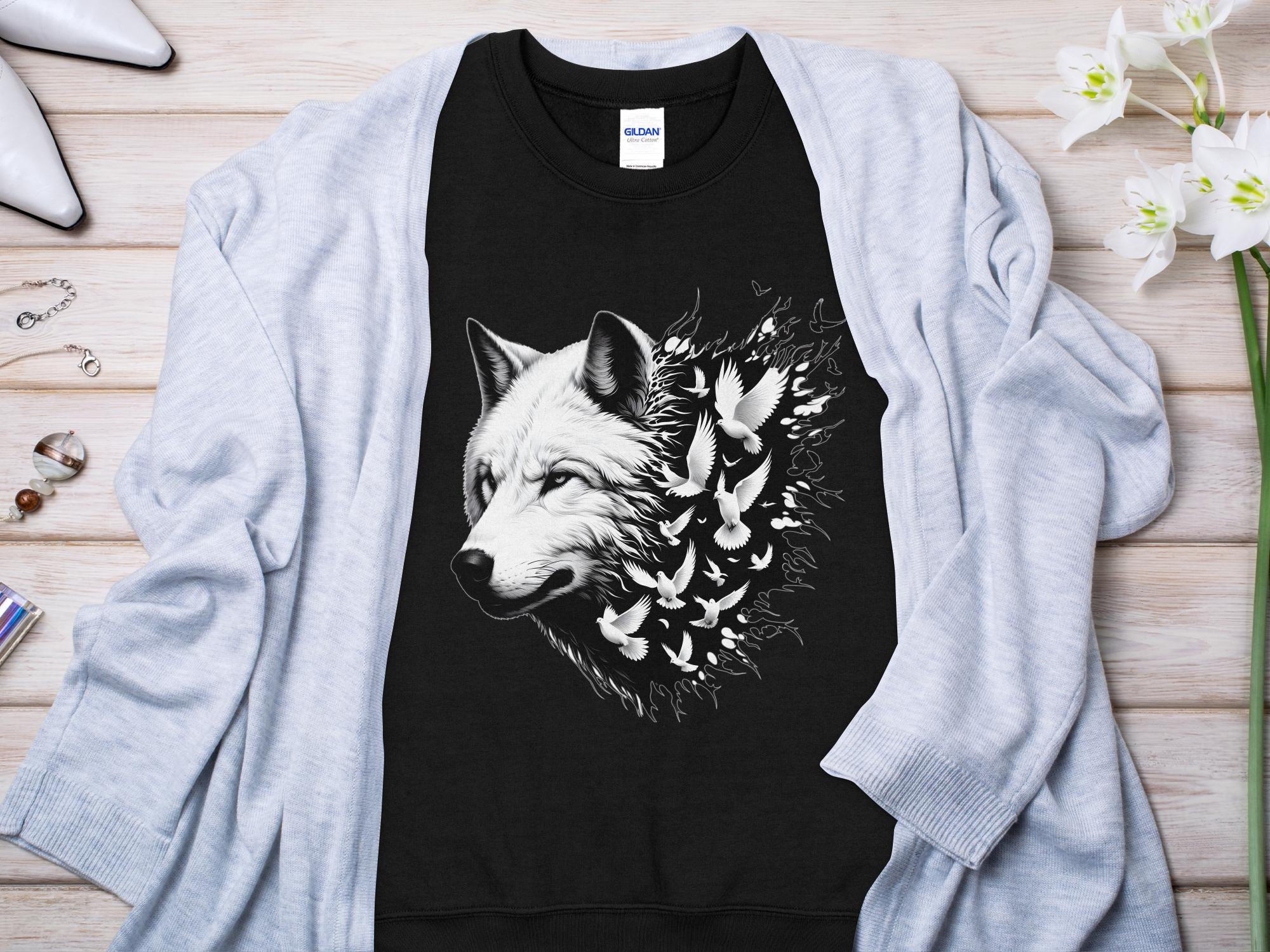 Wolf x Doves - Black White Gildan Sweatshirt Realistic Animal Talisman Unisex Tee Graphic Design