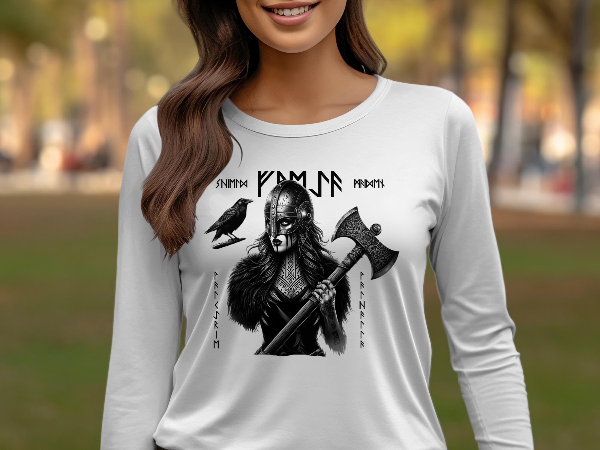 Viking Shield Maiden - Coloured Gildan Long Sleeve Realistic Norse Talisman Men Women Unisex Valhalla Tee Graphic Design