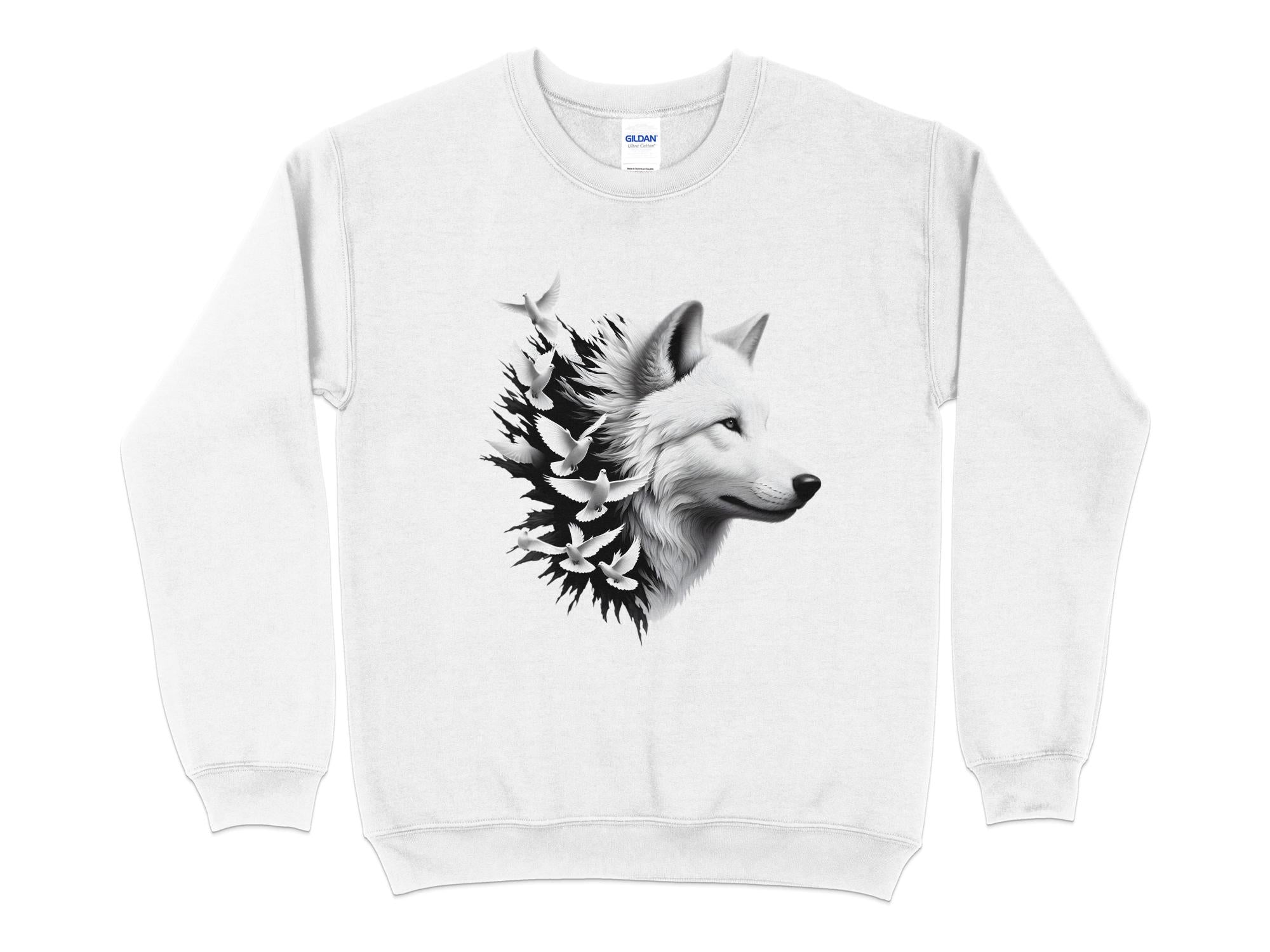 Wolf x Doves - Black White Gildan Sweatshirt Realistic Animal Talisman Unisex Tee Graphic Design