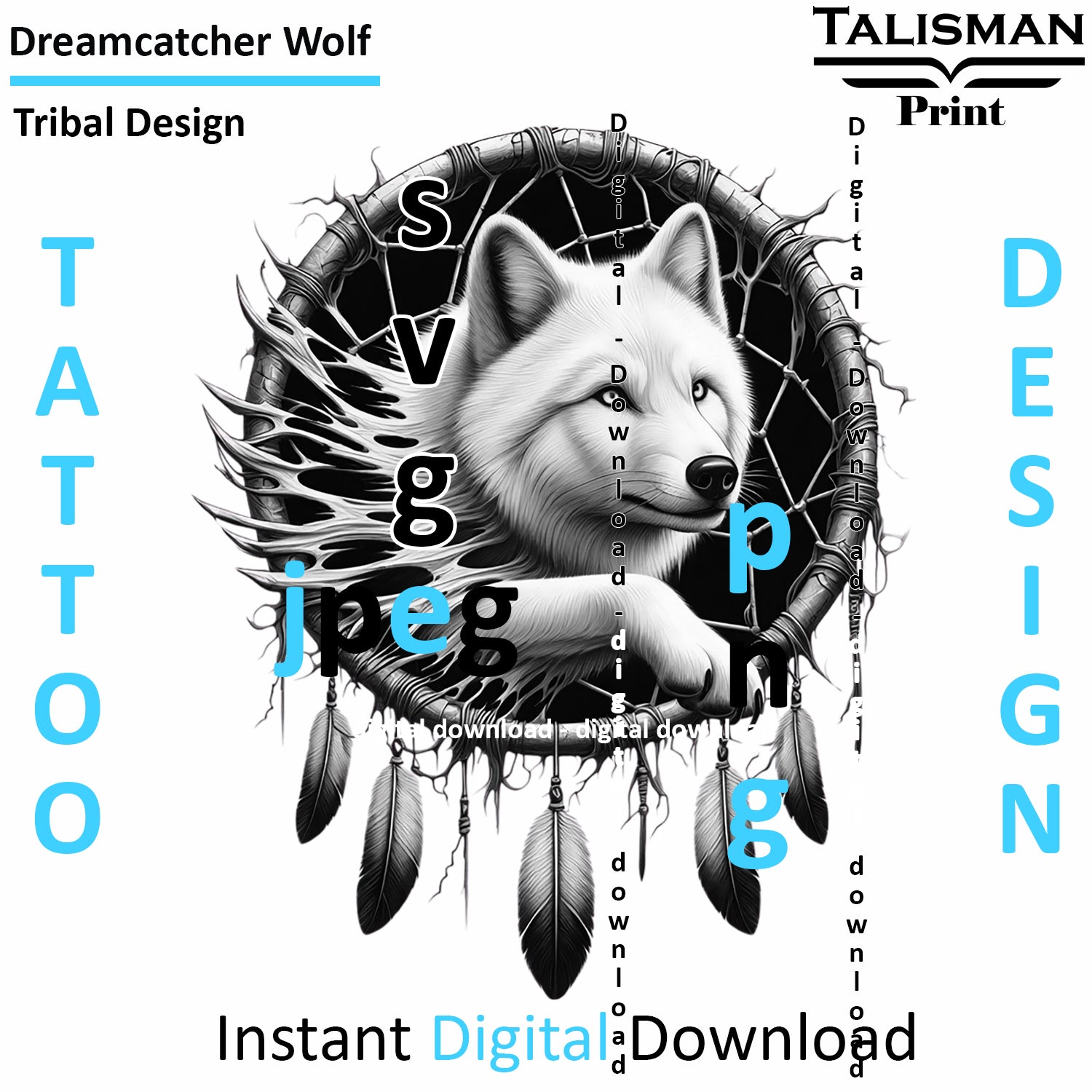 Dreamcatcher Wolf - Digital Art | PNG, JPEG & SVG | Instant Download for Apparel, Décor and Wall Art