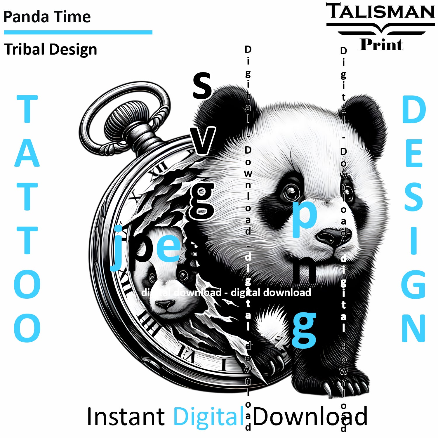 Panda in Time - Digital Art | PNG, JPEG & SVG | Instant Download for Apparel, Décor and Wall Art