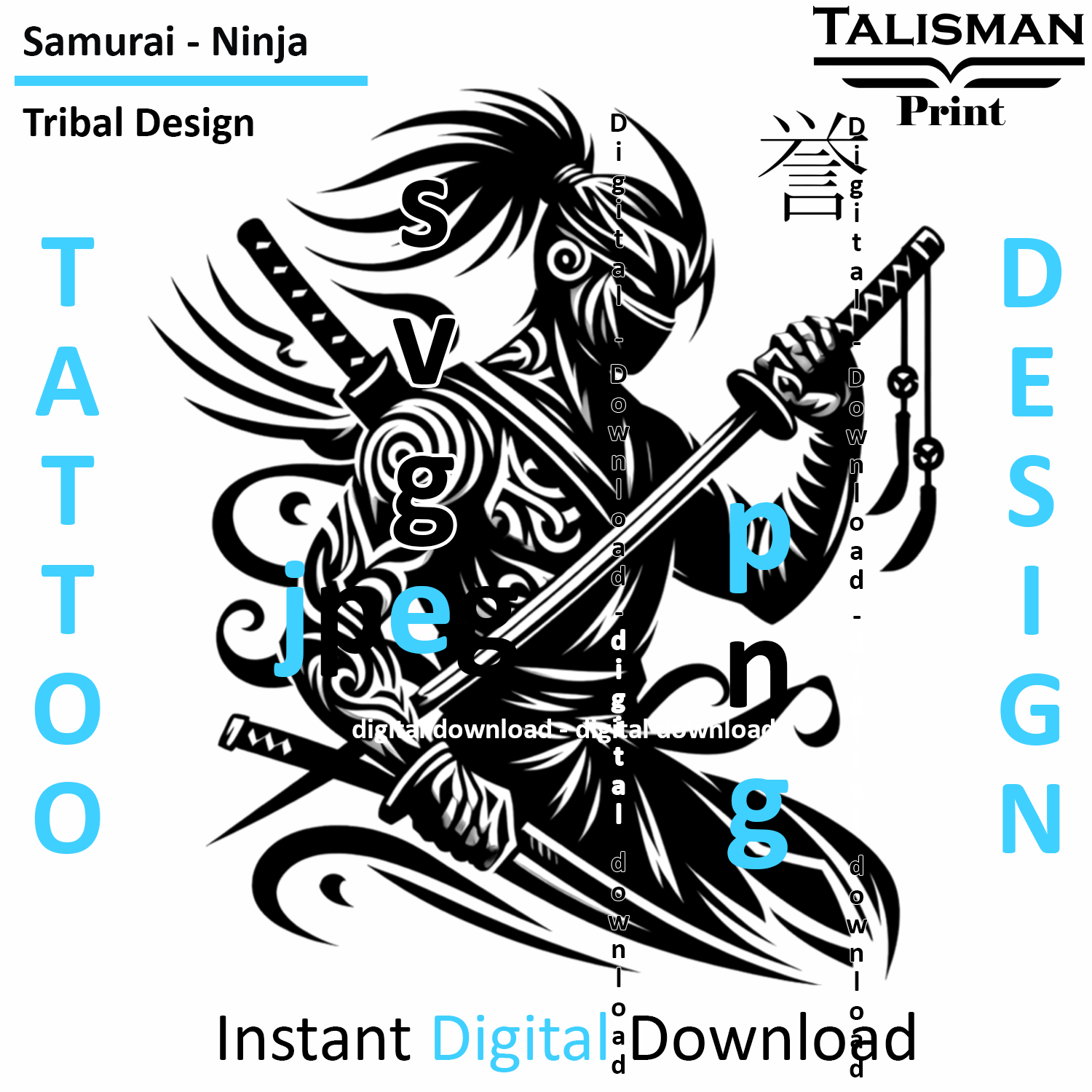 Samurai Ninja - Digital Art | PNG, JPEG & SVG | Instant Download for Apparel, Décor and Wall Art