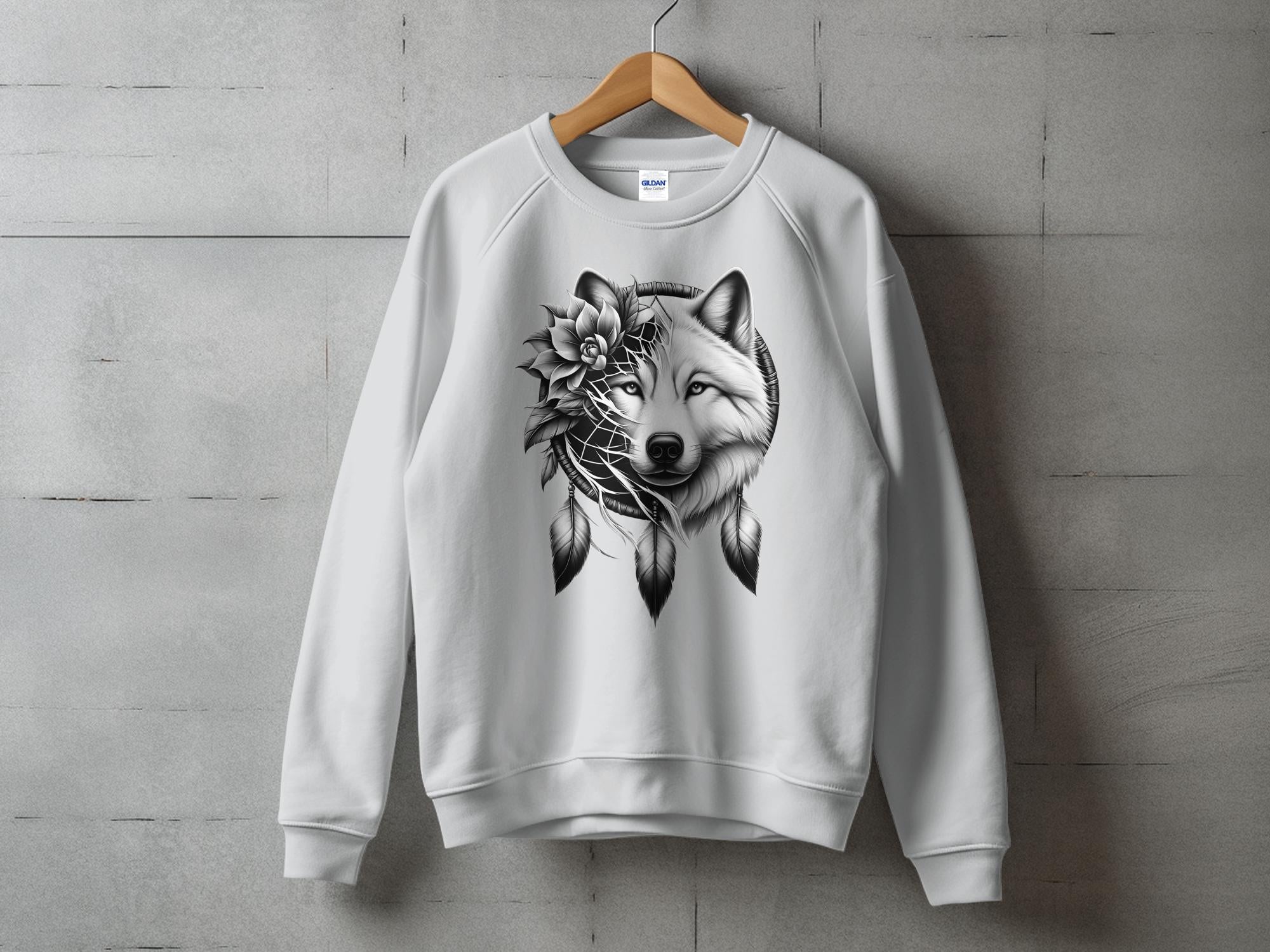 Dreamcatcher Wolf - Coloured Gildan Sweatshirt Realistic Native American Talisman Unisex Mythology Tee Graphic Design