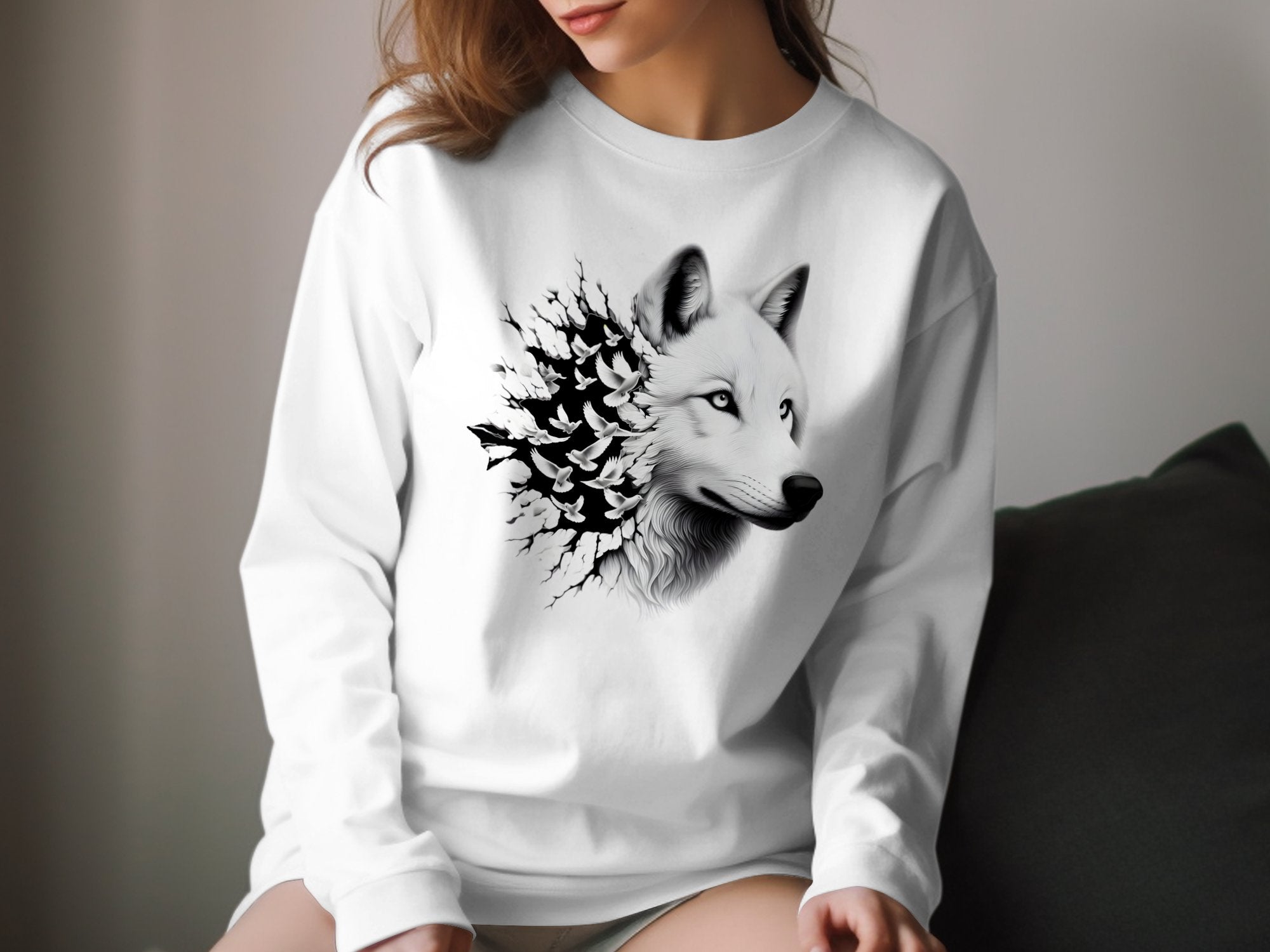 Wolf x Doves - Black White Gildan Long Sleeve Realistic Animal Talisman Unisex Tee Graphic Design