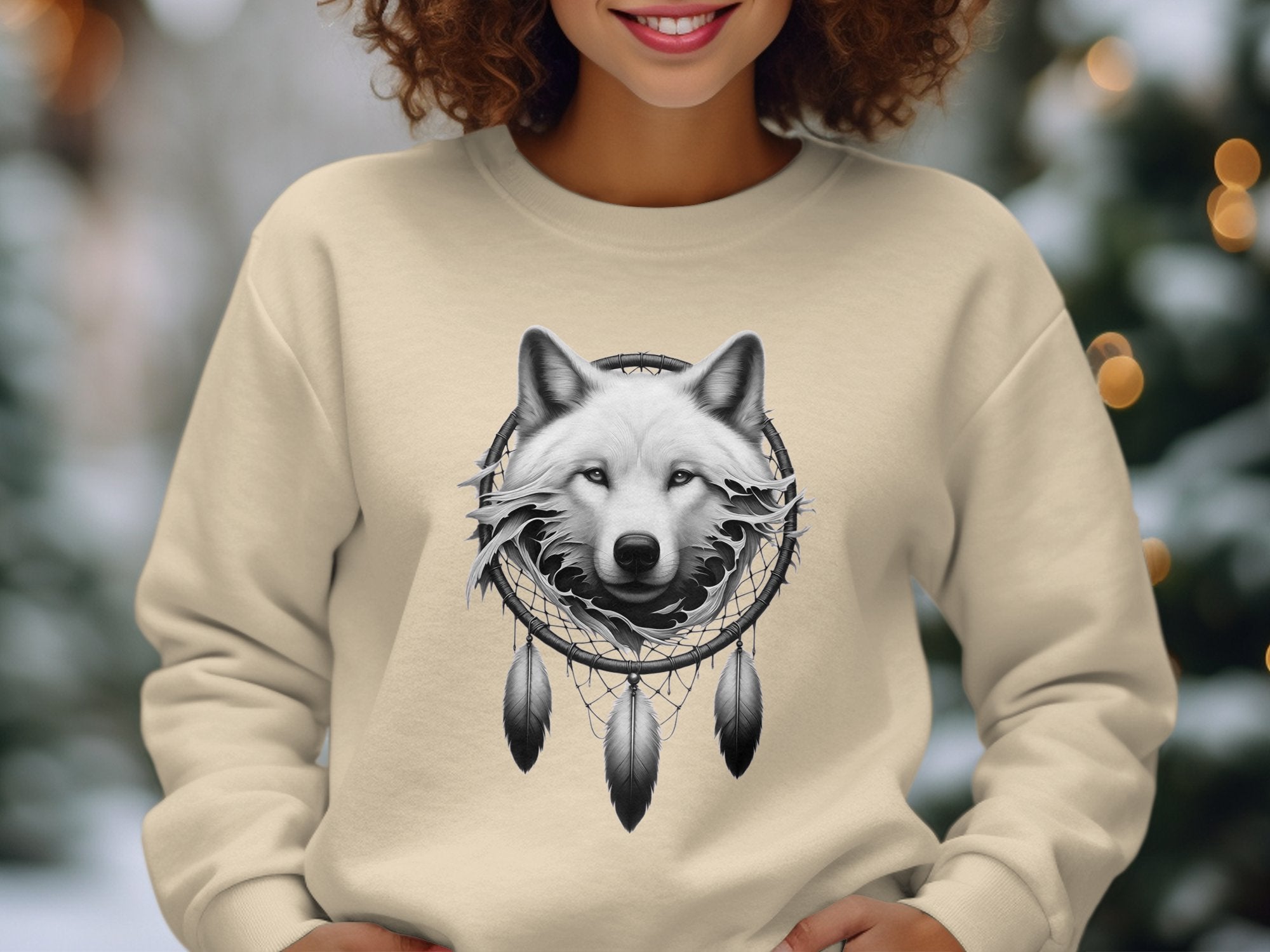 Dreamcatcher Wolf - Coloured Gildan Sweatshirt Realistic Native American Talisman Unisex Mythology Tee Graphic Design