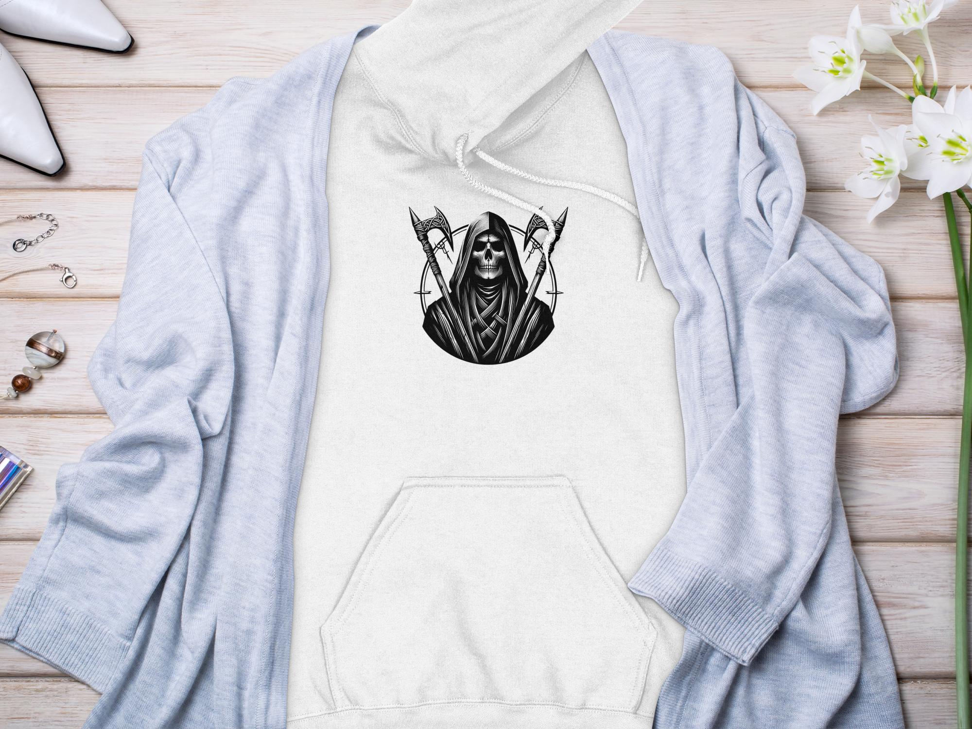 Grim Reaper - Black White Gildan Hoodie Commemorative Talisman Unisex Tee Graphic Design