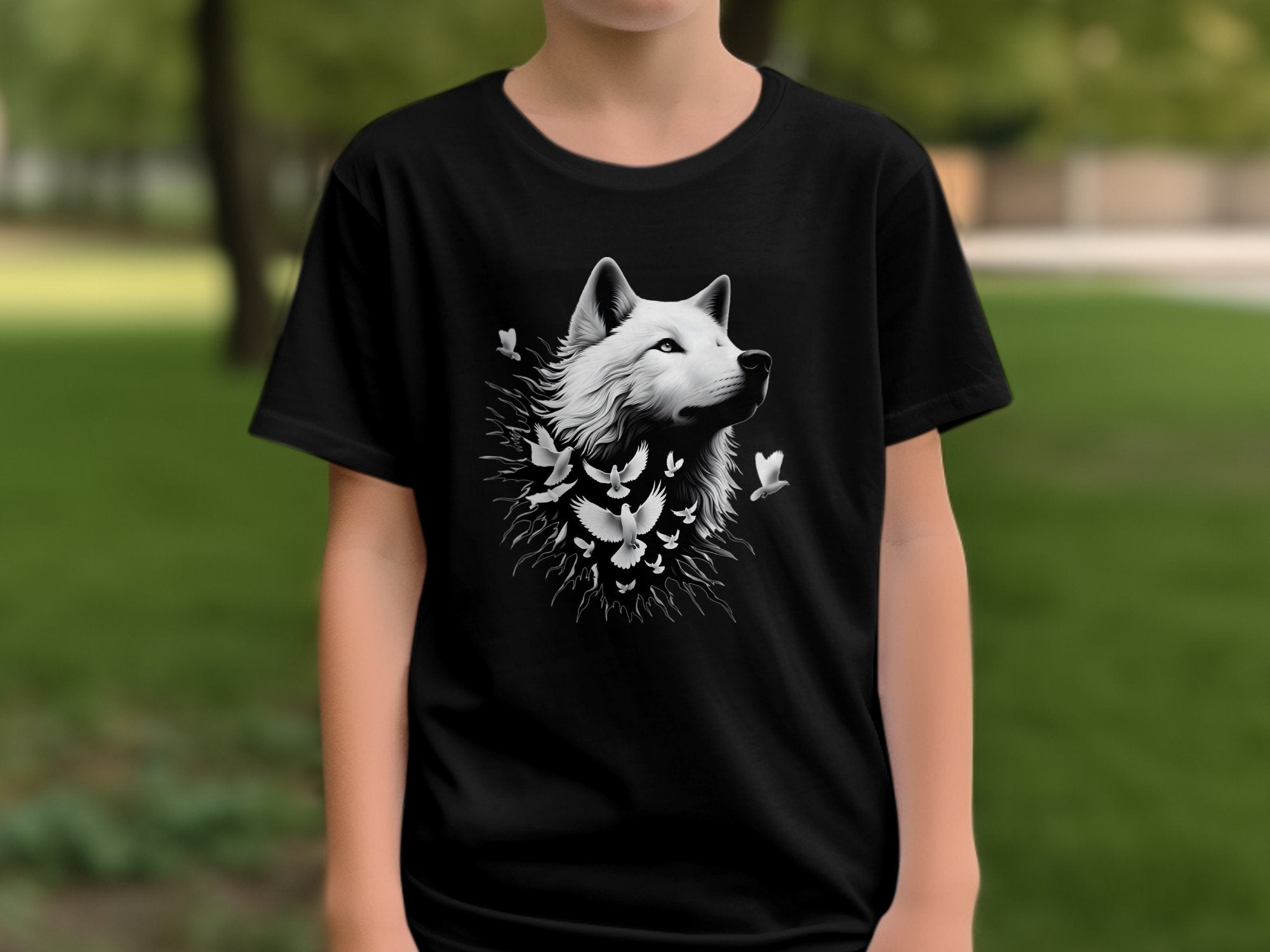 Wolf x Doves - Black White Gildan Kids T-Shirt Realistic Animal Talisman Unisex Tee Graphic Design