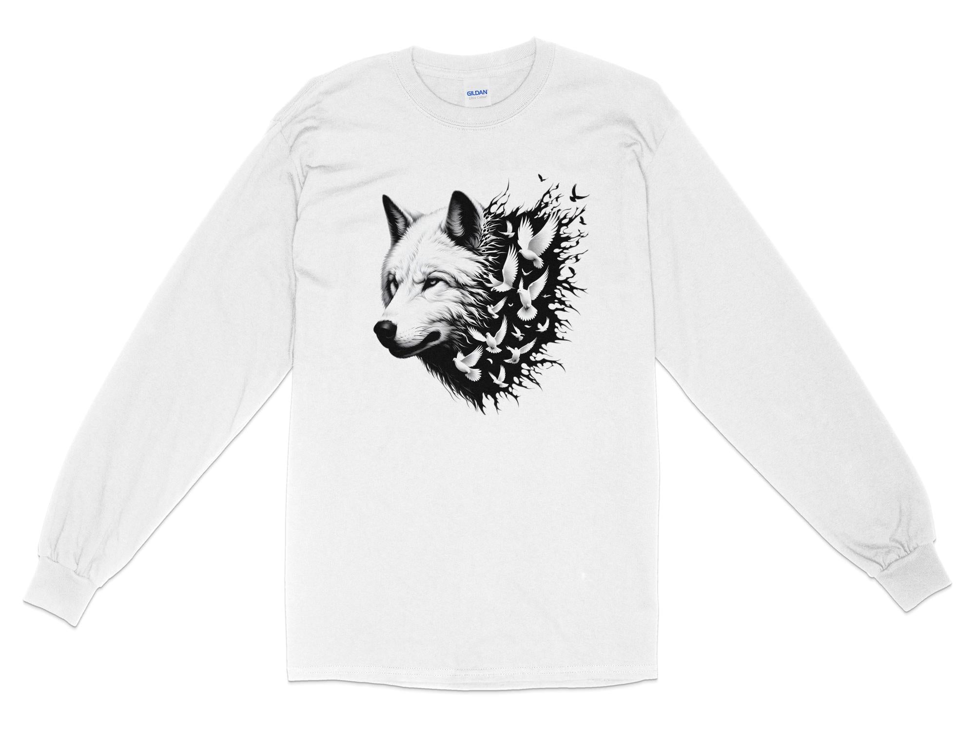 Wolf x Doves - Black White Gildan Long Sleeve Realistic Animal Talisman Unisex Tee Graphic Design