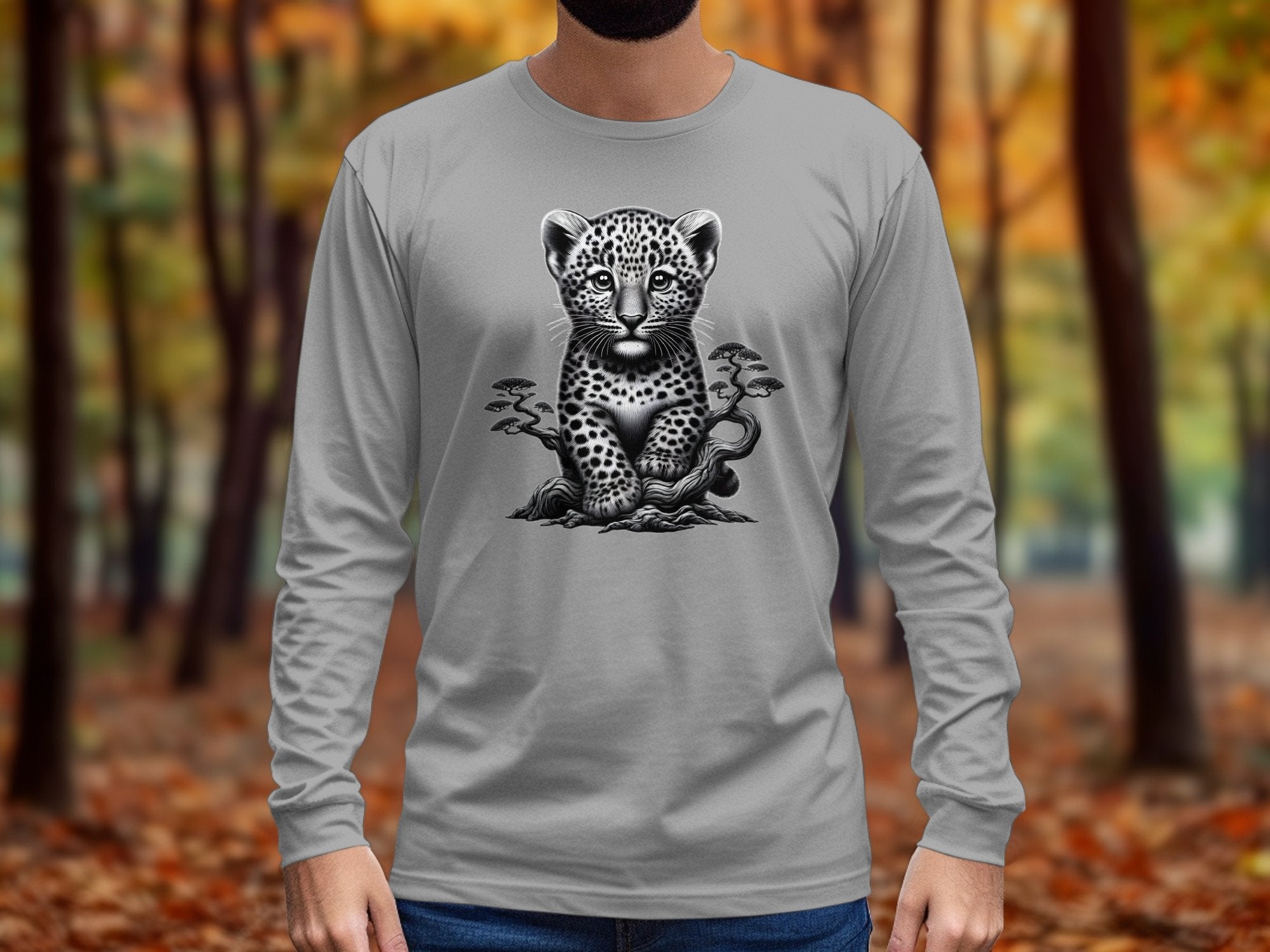 Leopard Bonsai - Coloured Gildan Long Sleeve Realistic Animal Talisman Unisex Cute Tee Graphic Design