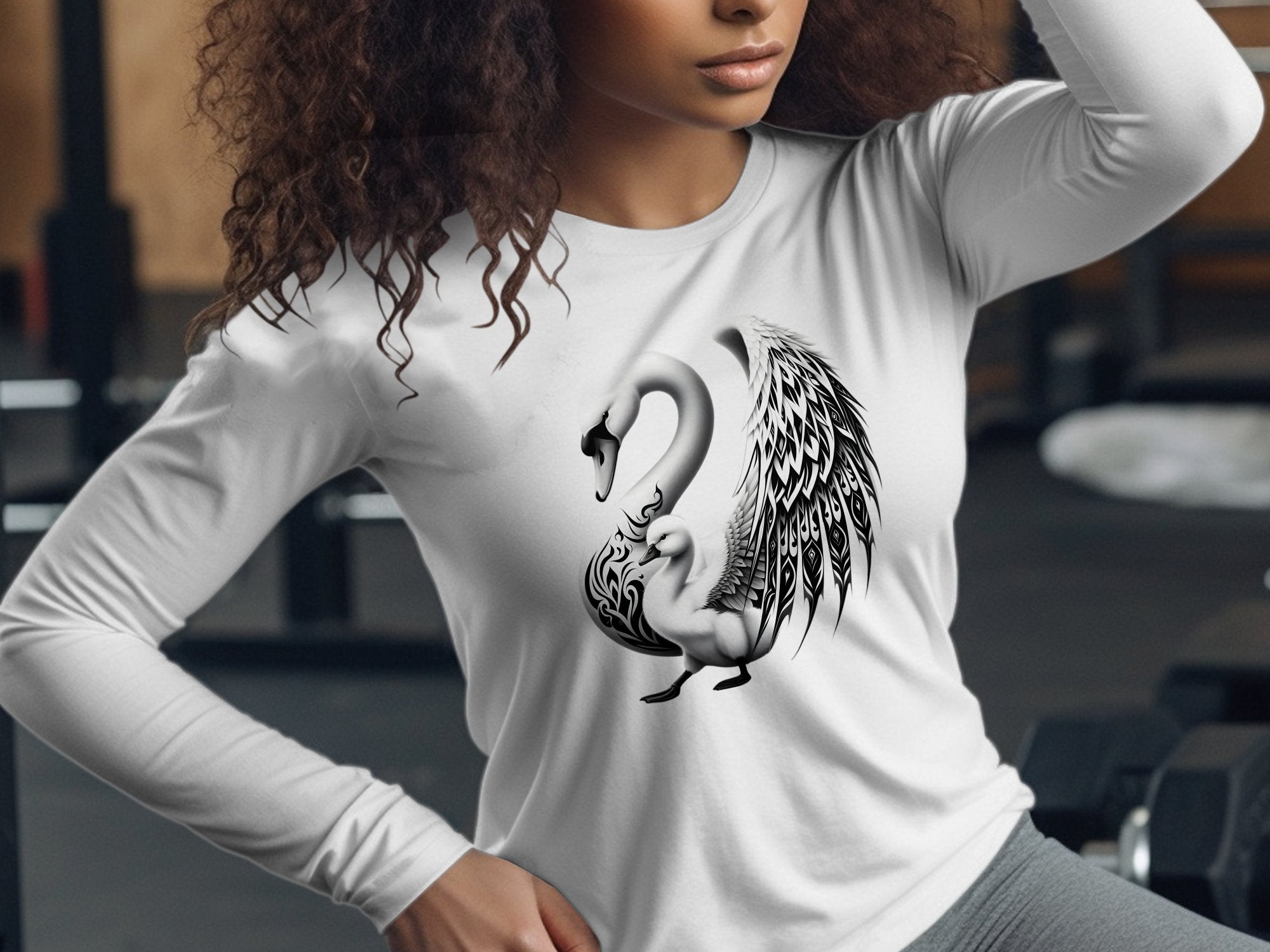 Swan & Cygnet- Black White Gildan Long Sleeve Realistic Family Talisman Unisex Tee Graphic Design