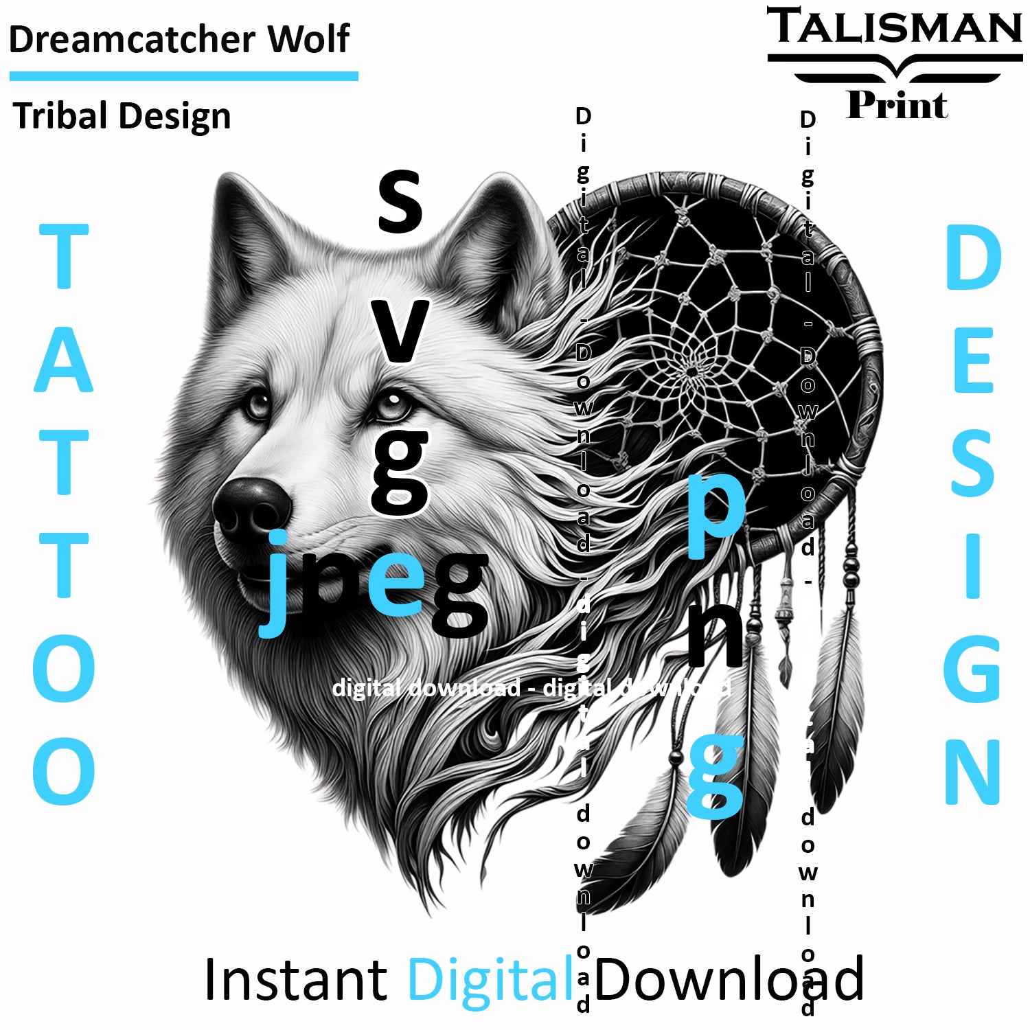 Dreamcatcher Wolf - Digital Art | PNG, JPEG & SVG | Instant Download for Apparel, Décor and Wall Art