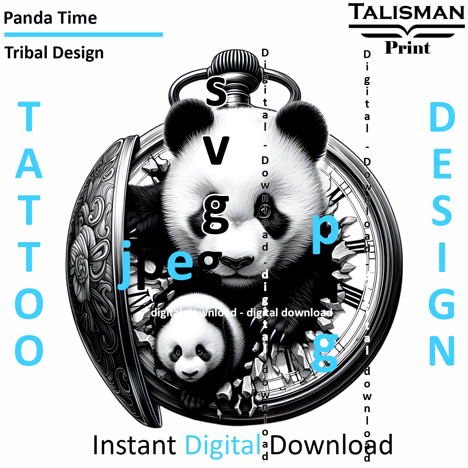 Panda in Time - Digital Art | PNG, JPEG & SVG | Instant Download for Apparel, Décor and Wall Art