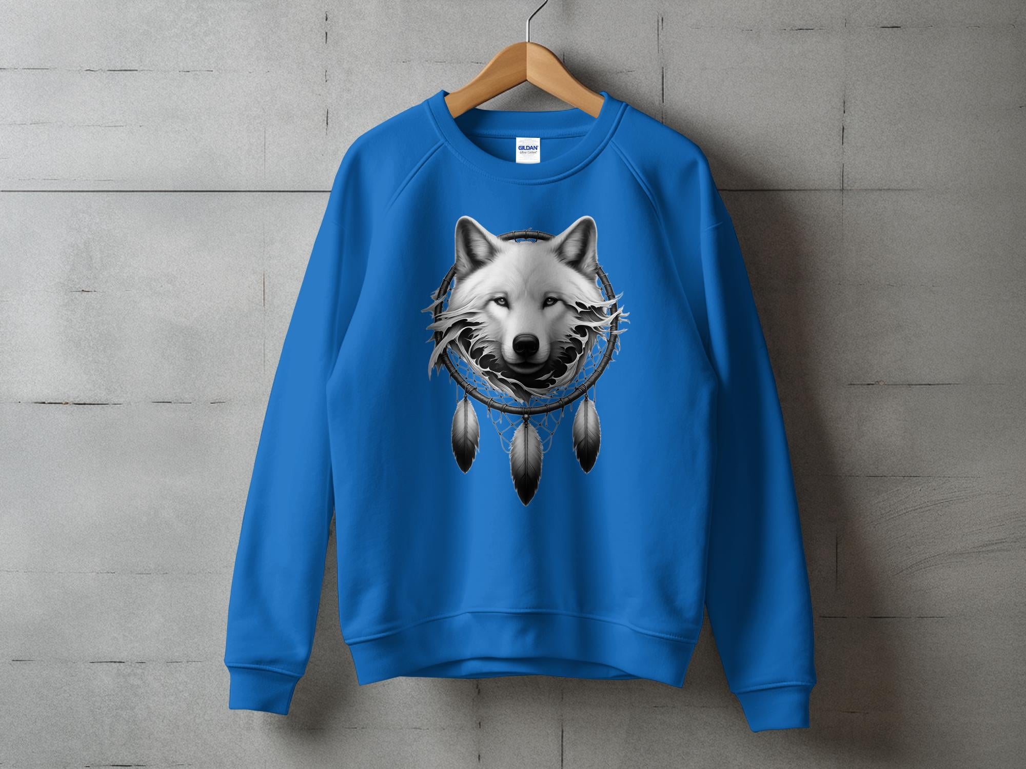 Dreamcatcher Wolf - Coloured Gildan Sweatshirt Realistic Native American Talisman Unisex Mythology Tee Graphic Design