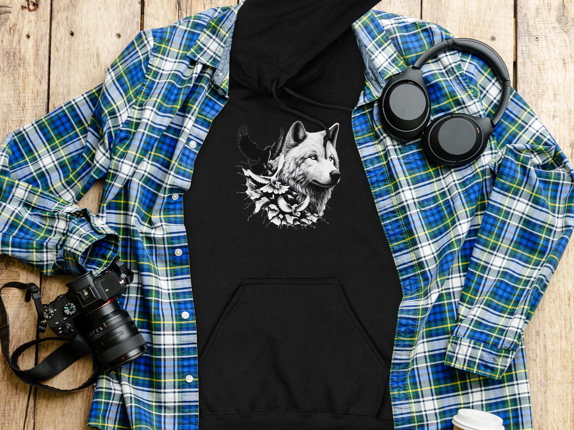 Wolf x Doves - Black White Gildan Hoodie Realistic Animal Talisman Unisex Tee Graphic Design