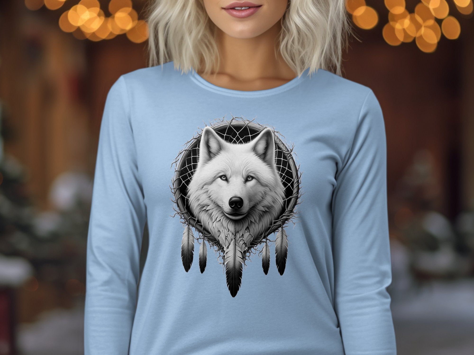 Dreamcatcher Wolf - Coloured Gildan Long Sleeve Realistic Native American Talisman Unisex Mythology Tee Graphic Design