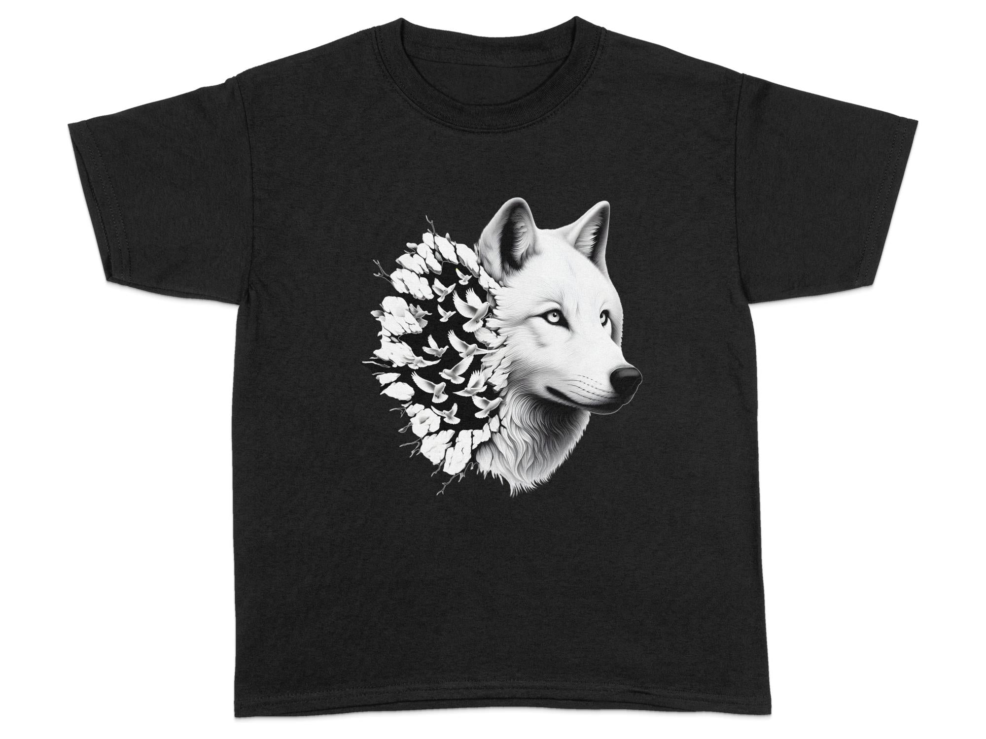 Wolf x Doves - Black White Gildan Kids T-Shirt Realistic Animal Talisman Unisex Tee Graphic Design